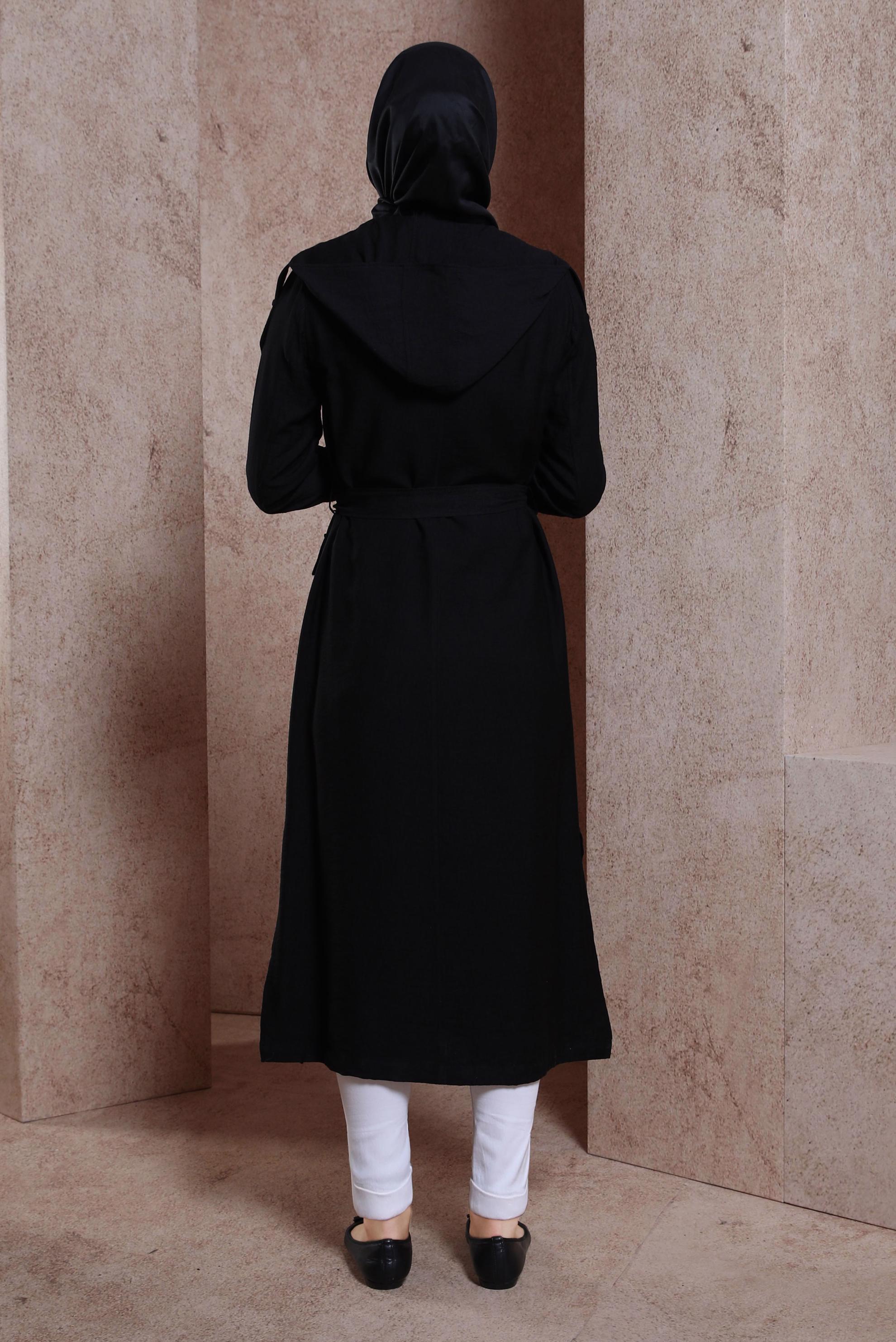 Tesettür giyim SİYAH KUŞAKLI KAPÜŞONLU TRENÇKOT 10858