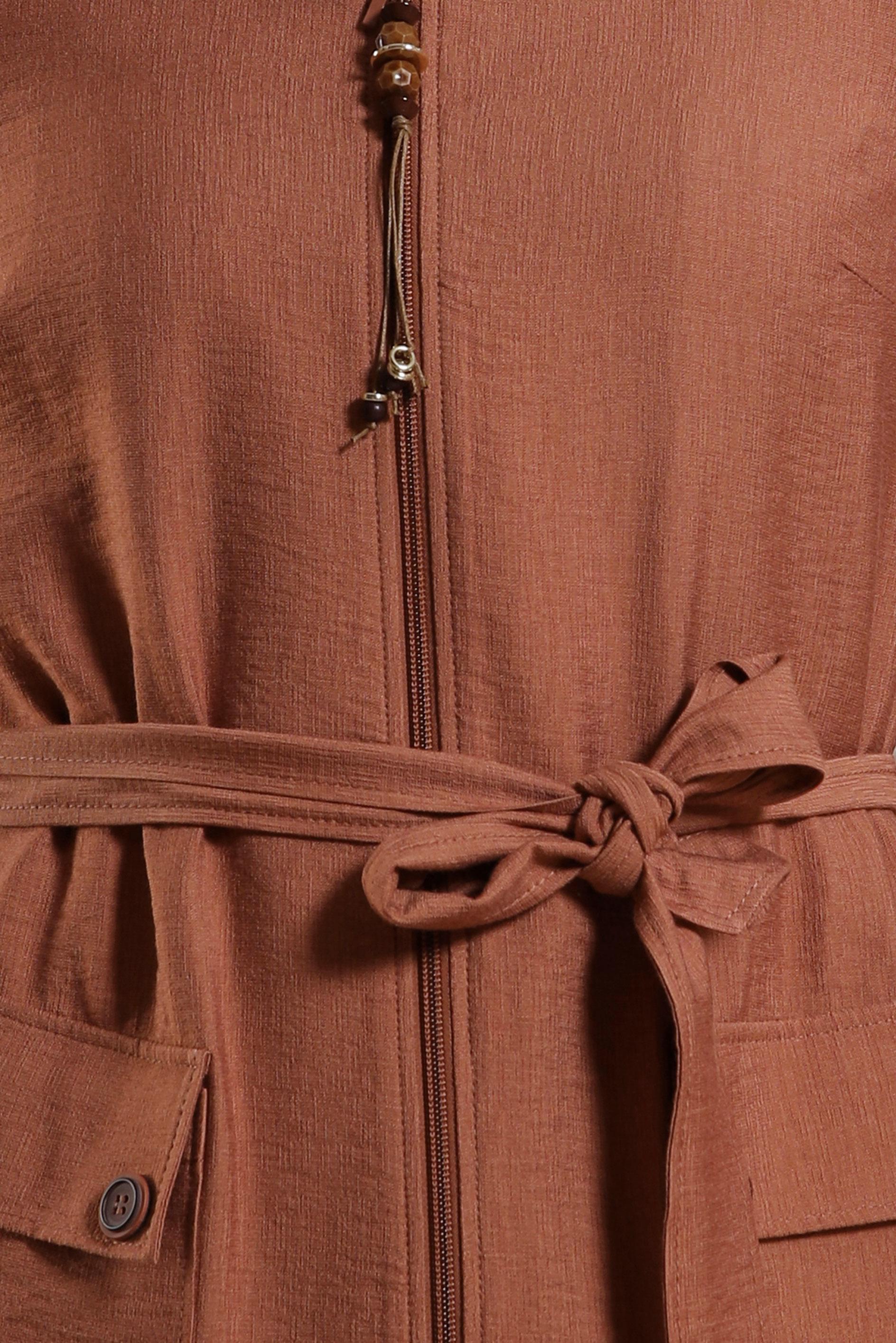 Tesettür giyim TABA KUŞAKLI KAPÜŞONLU TRENÇKOT 10858