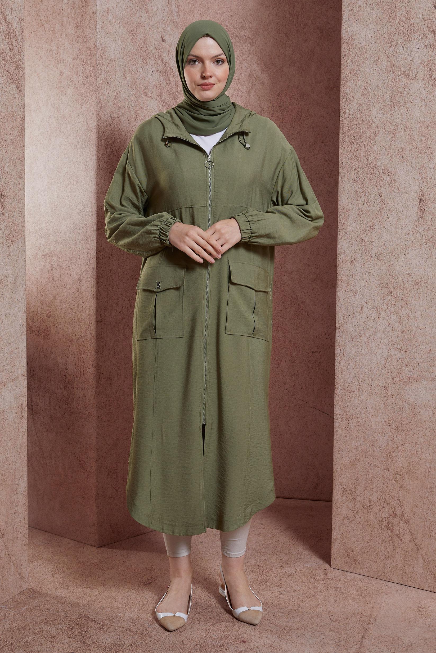 Tesettür giyim HAKİ KAPÜŞONLU TRENÇKOT 10859