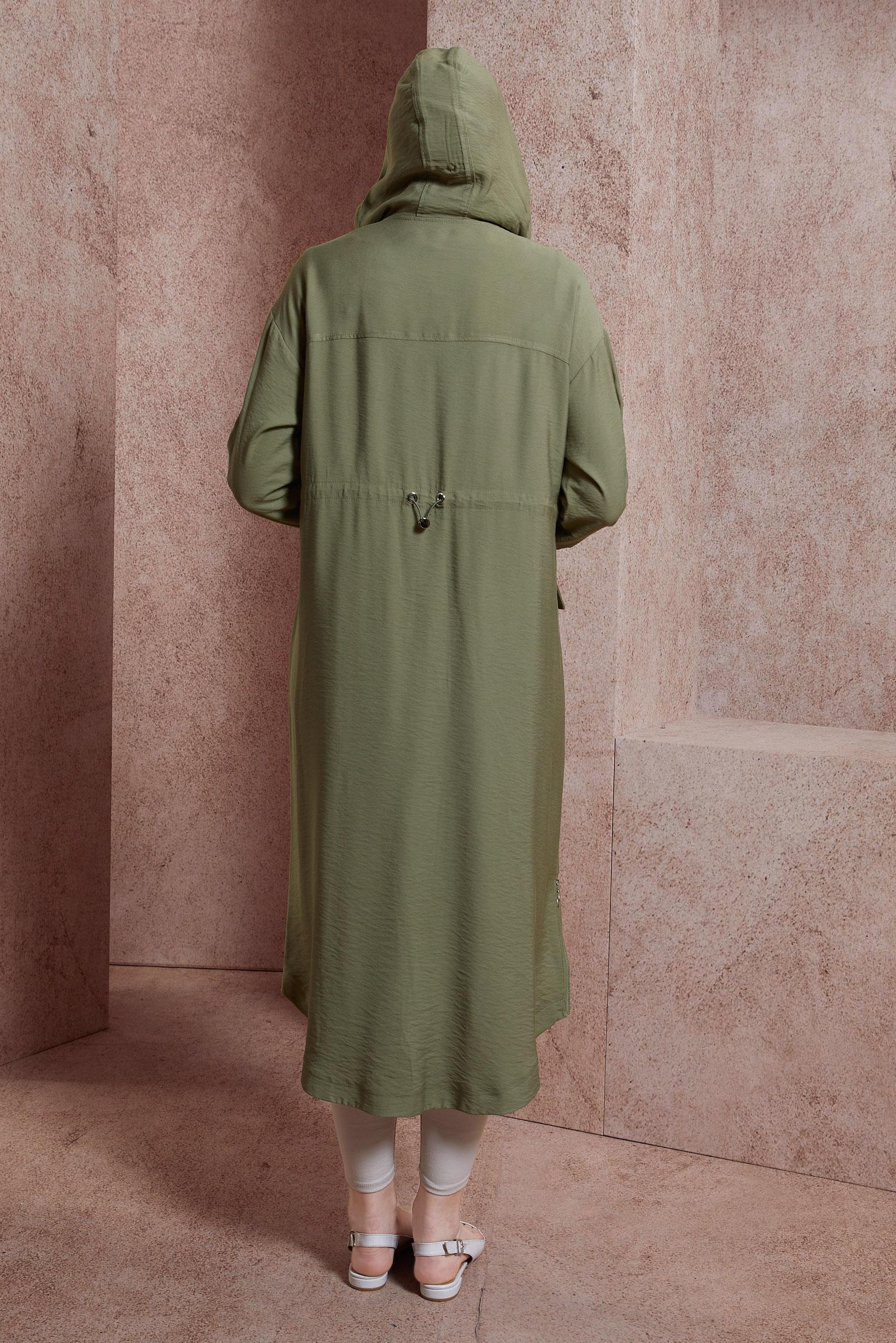 Tesettür giyim HAKİ KAPÜŞONLU TRENÇKOT 10859