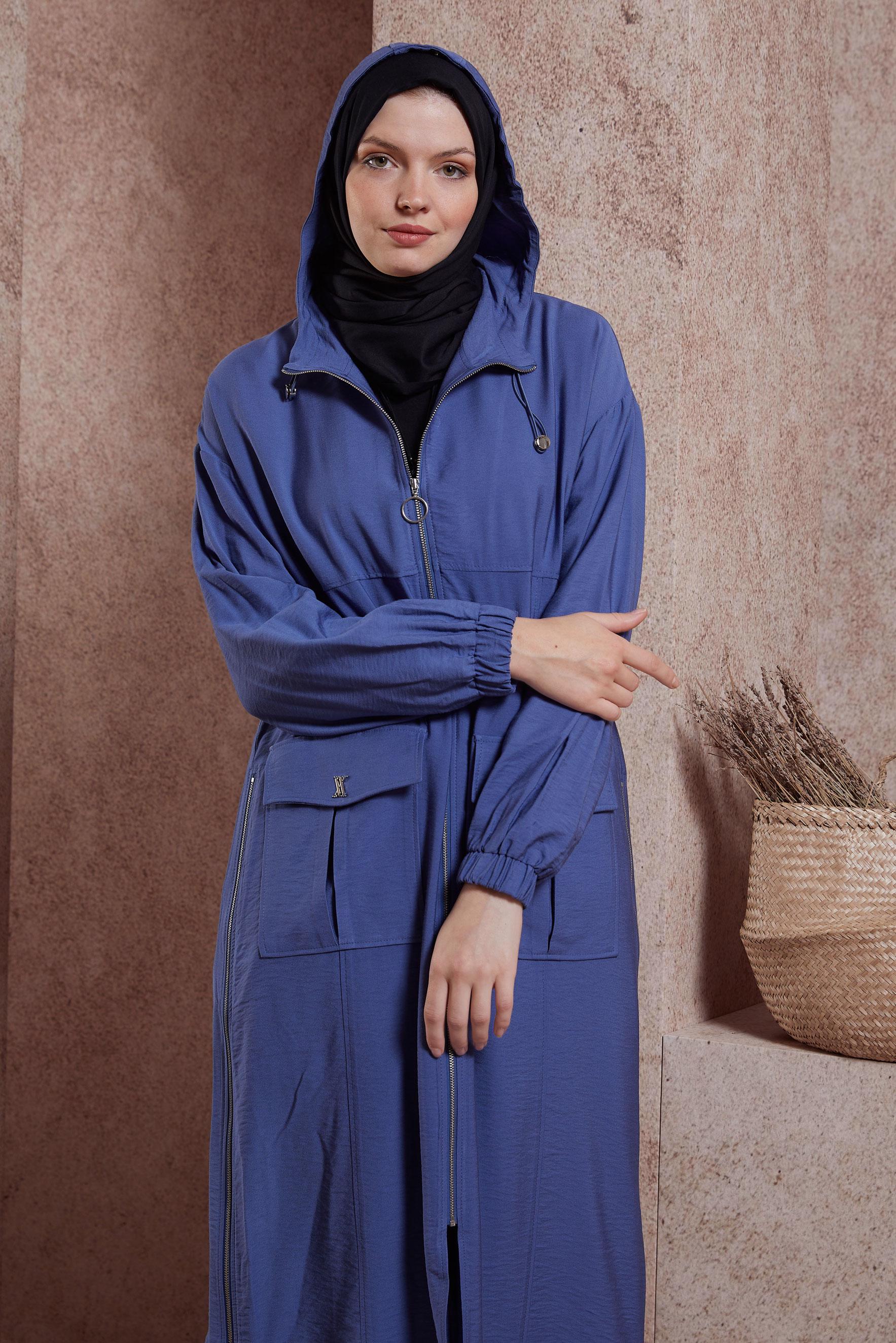 Tesettür giyim LACİVERT KAPÜŞONLU TRENÇKOT 10859