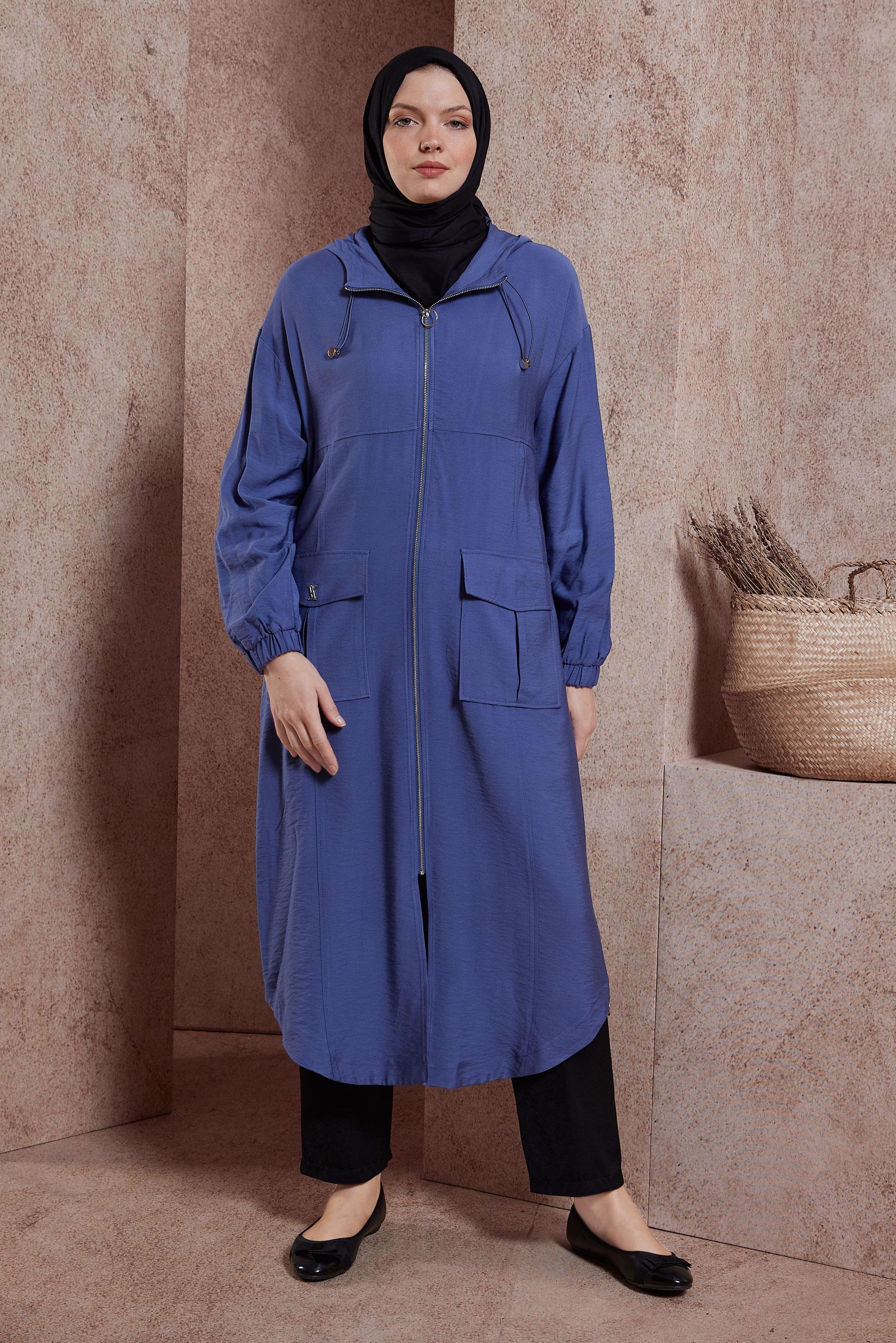 Tesettür giyim LACİVERT KAPÜŞONLU TRENÇKOT 10859