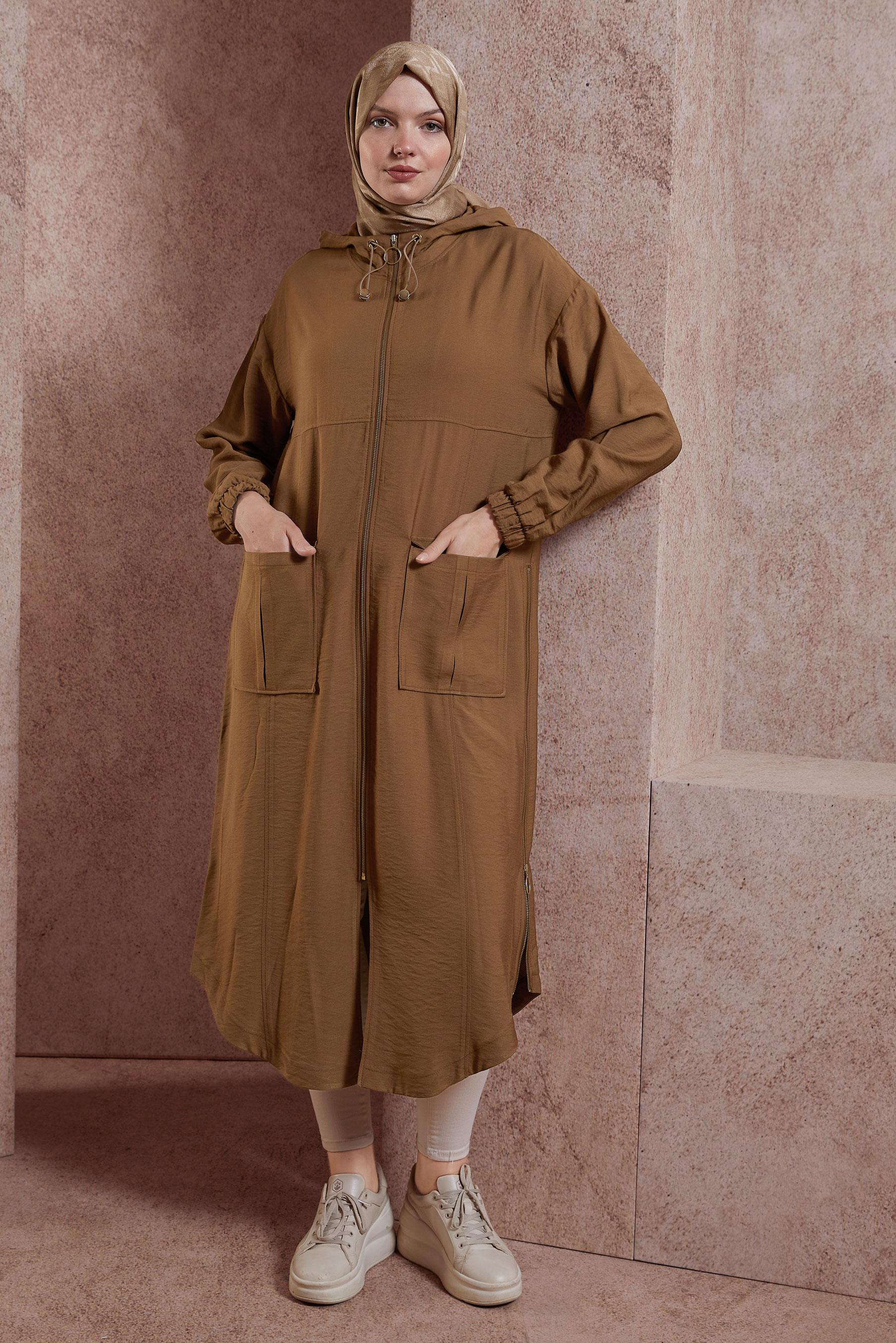 Tesettür giyim KAHVE KAPÜŞONLU TRENÇKOT 10859