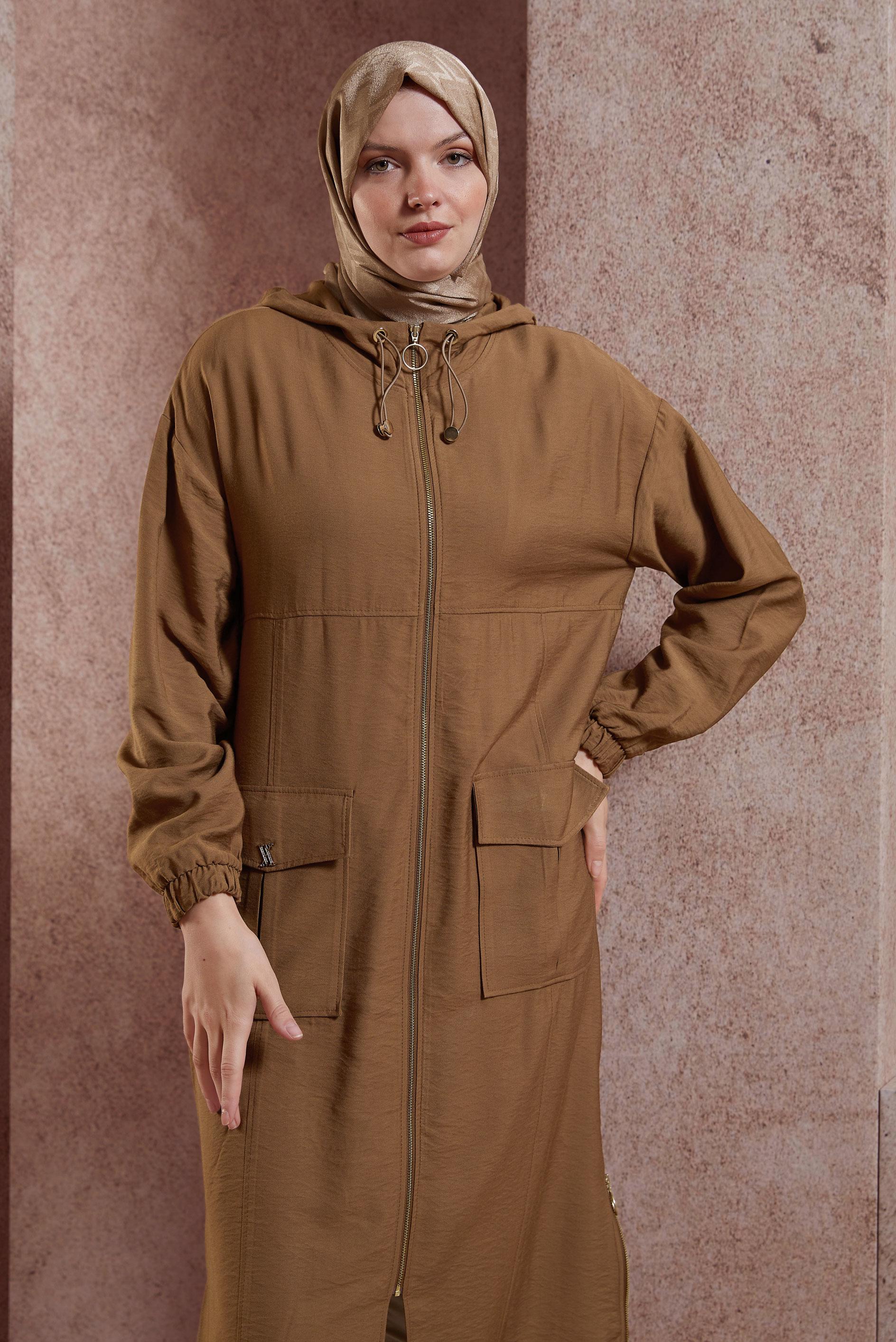 Tesettür giyim KAHVE KAPÜŞONLU TRENÇKOT 10859