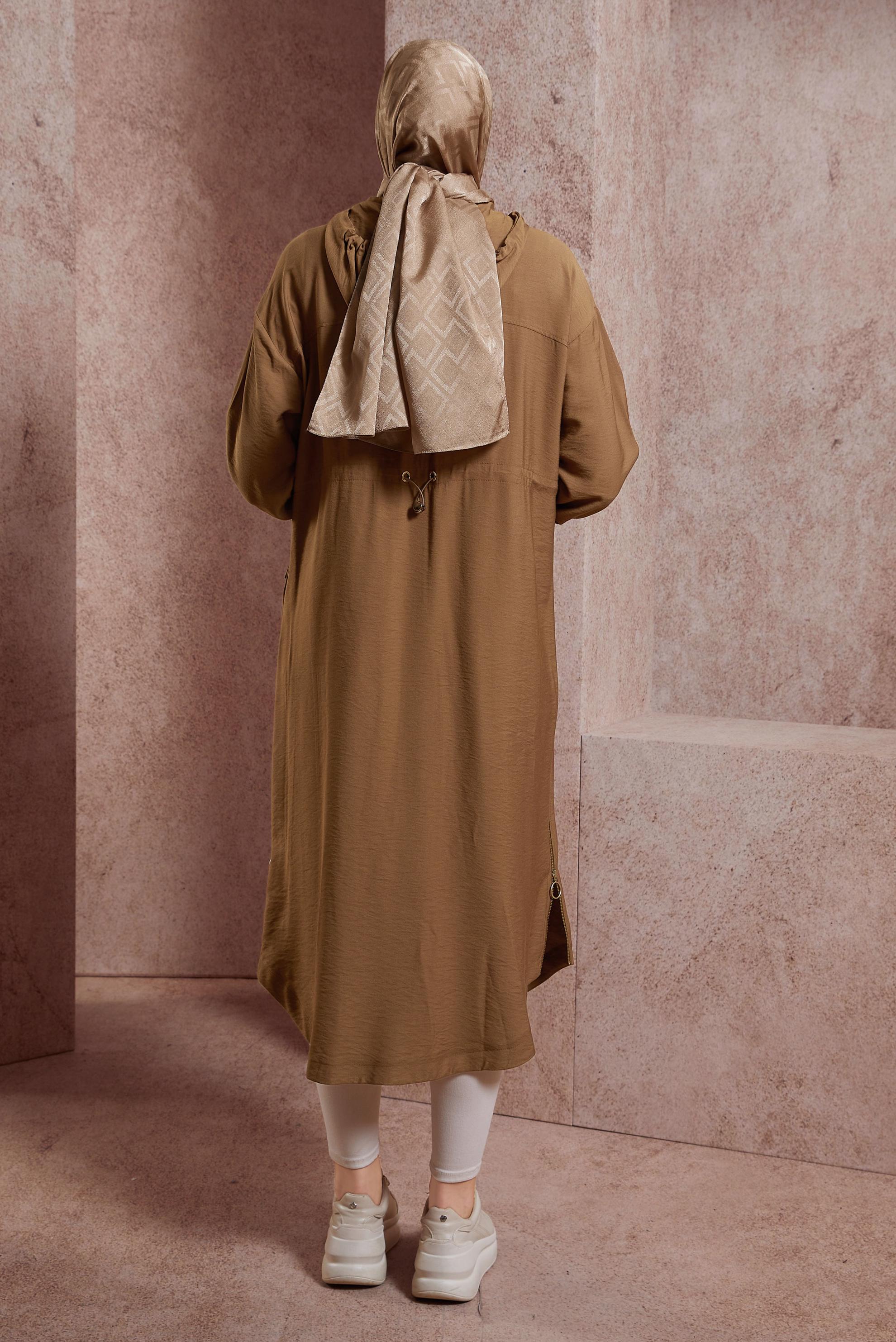 Tesettür giyim KAHVE KAPÜŞONLU TRENÇKOT 10859