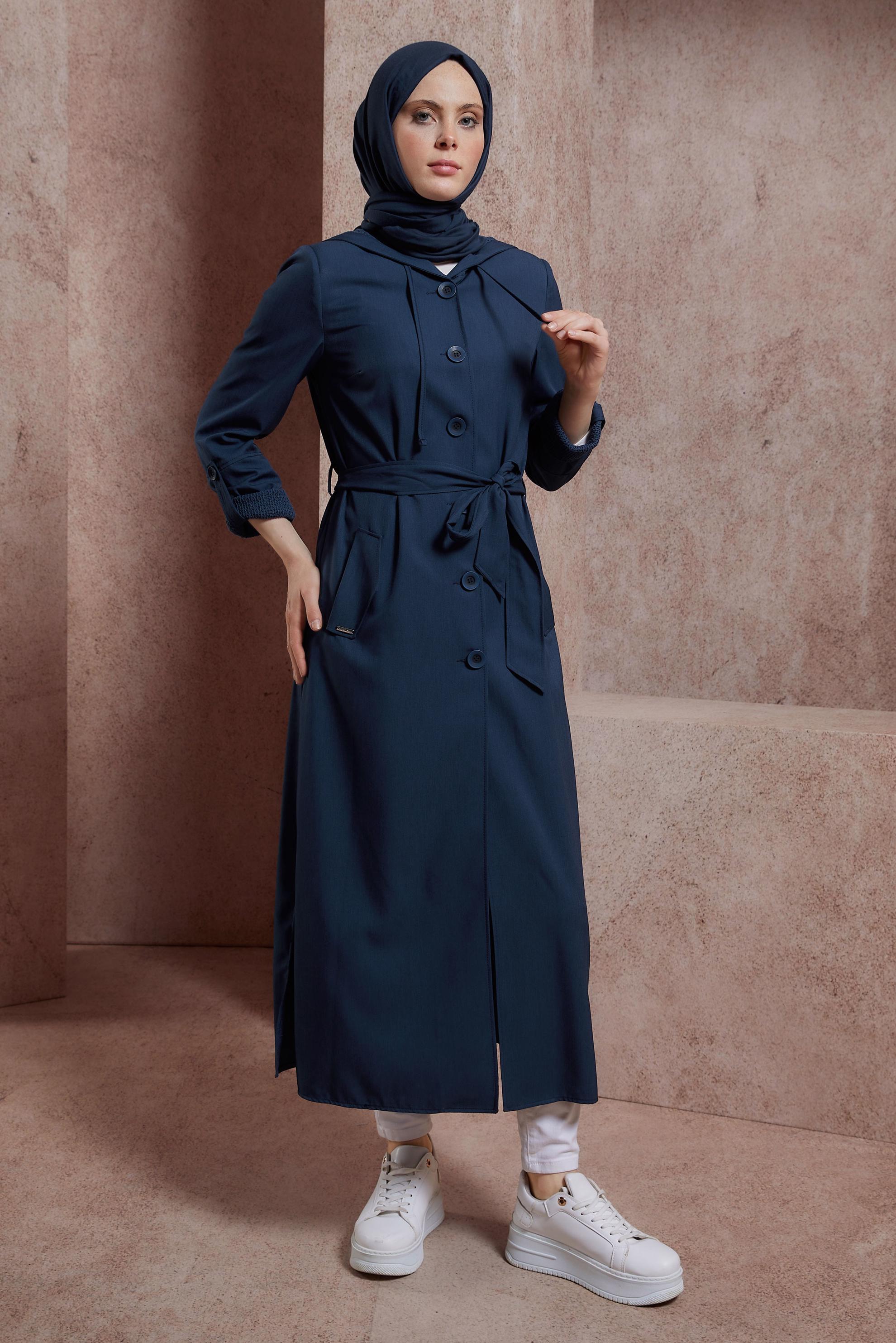 Tesettür giyim LACİVERT KUŞAKLI TRENÇKOT 10860