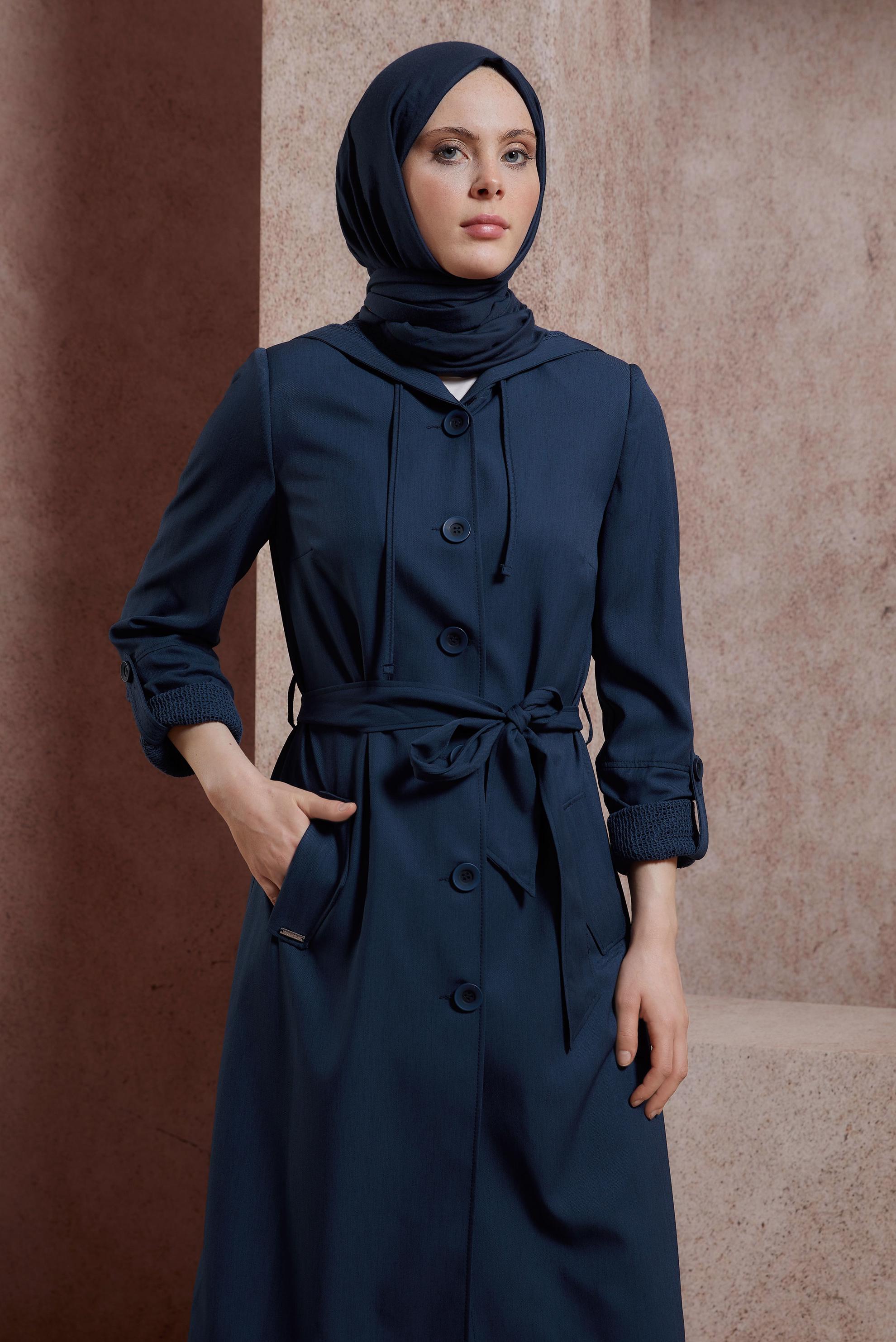 Tesettür giyim LACİVERT KUŞAKLI TRENÇKOT 10860