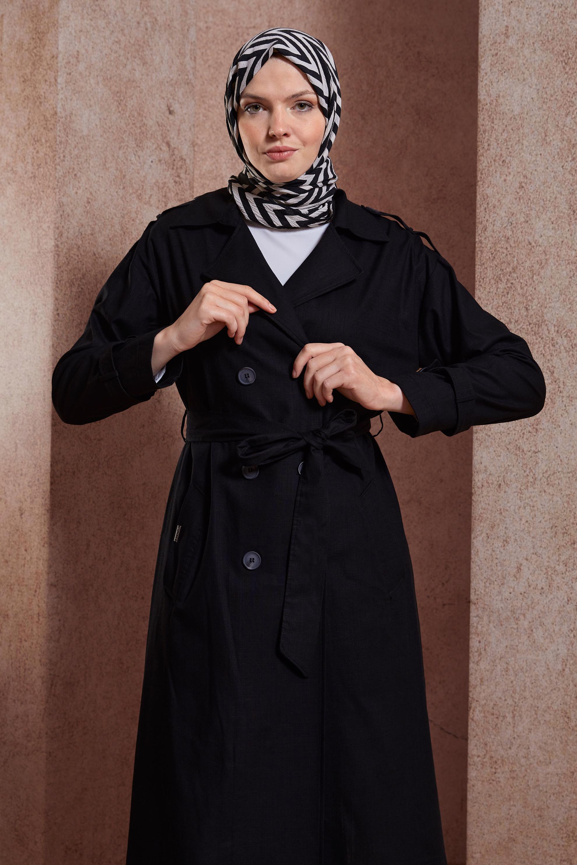 Tesettür giyim SİYAH KUŞAKLI TRENÇKOT 10861