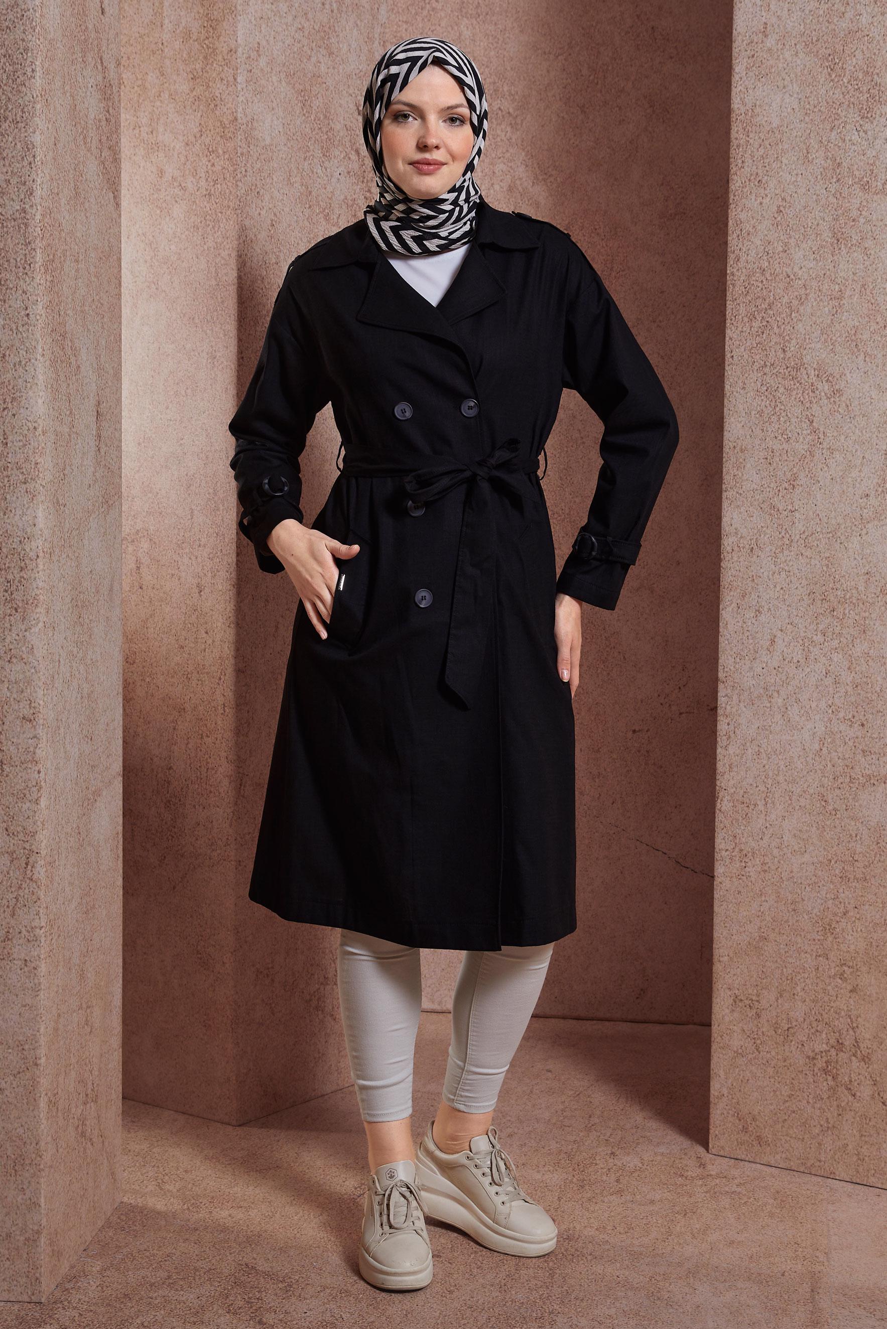 Tesettür giyim SİYAH KUŞAKLI TRENÇKOT 10861