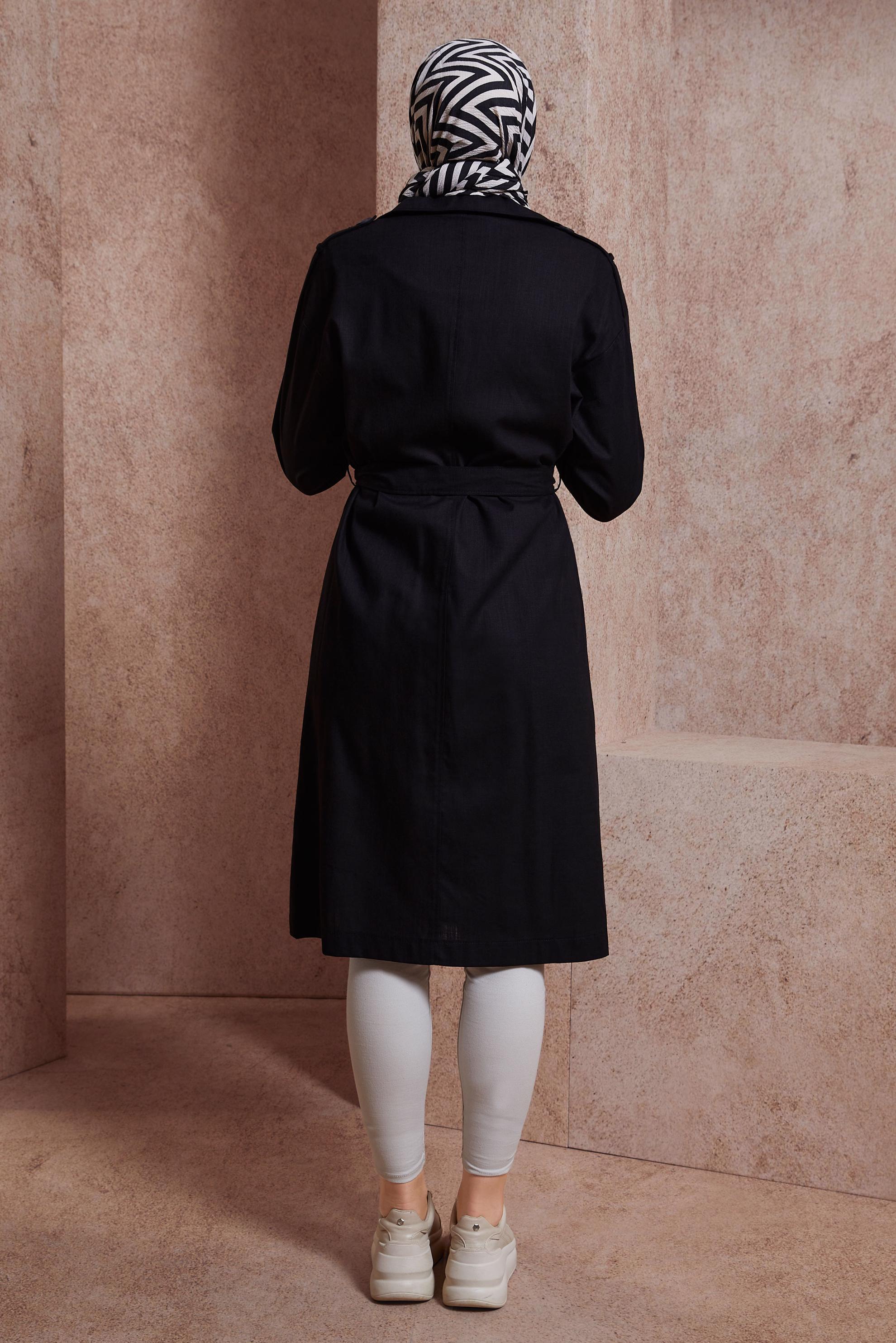 Tesettür giyim SİYAH KUŞAKLI TRENÇKOT 10861