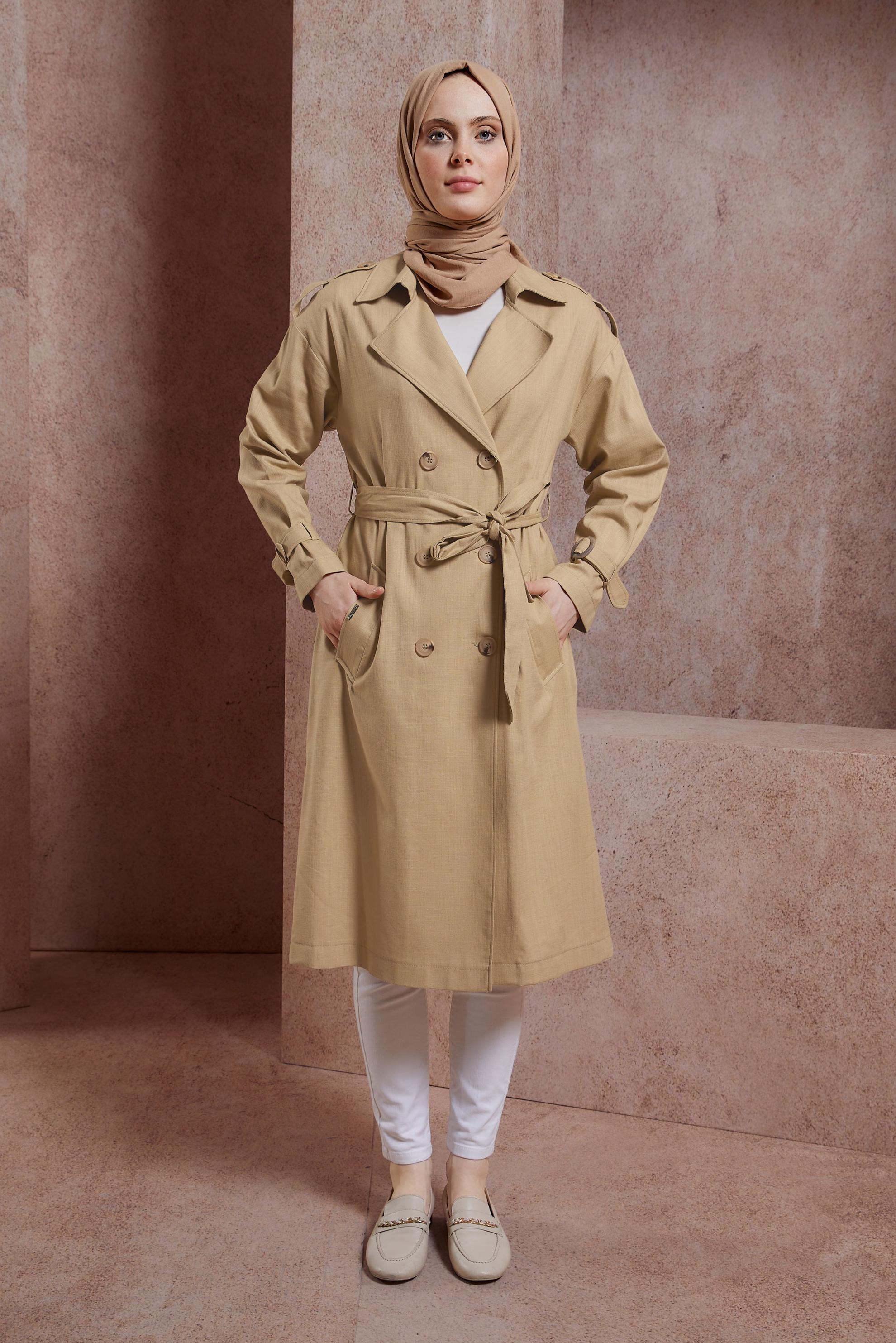 Tesettür giyim KAHVE KUŞAKLI TRENÇKOT 10861