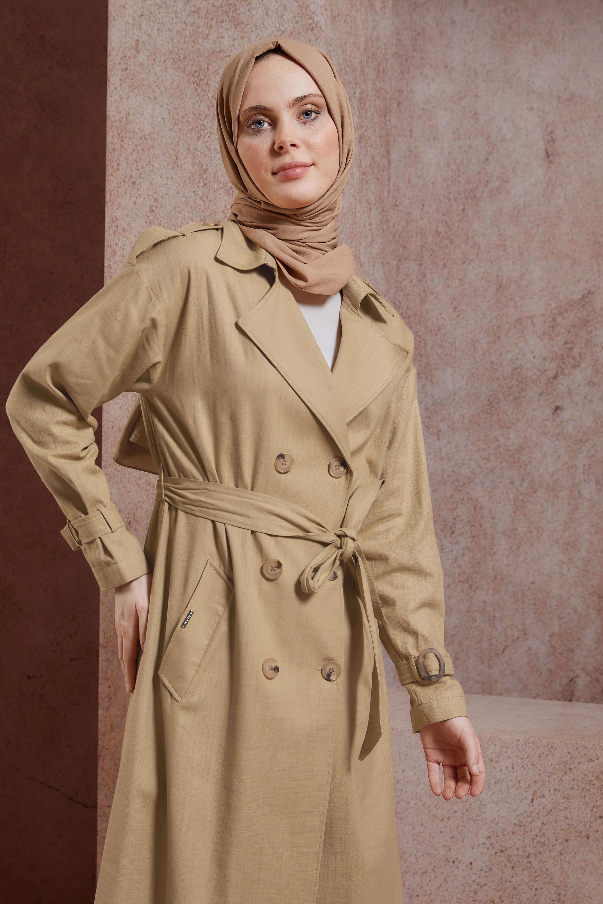 Tesettür giyim KAHVE KUŞAKLI TRENÇKOT 10861
