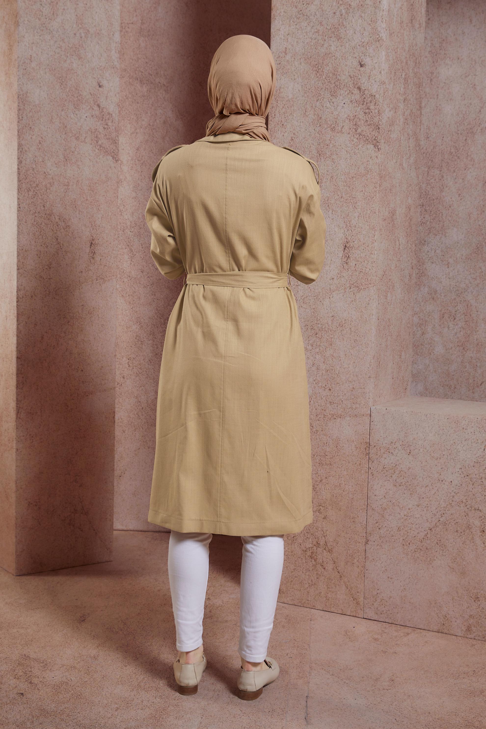 Tesettür giyim KAHVE KUŞAKLI TRENÇKOT 10861