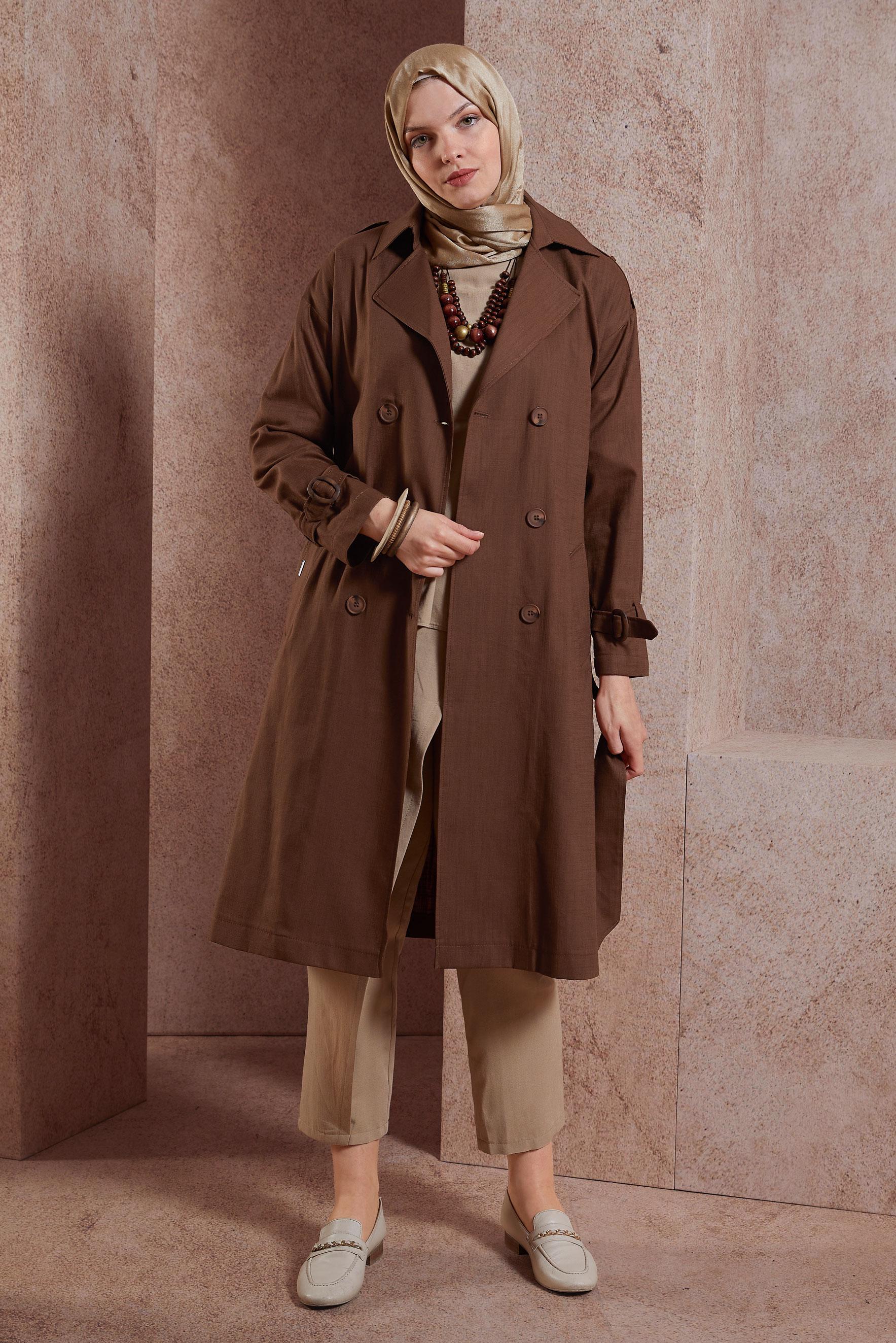 Tesettür giyim KAHVE KUŞAKLI TRENÇKOT 10861