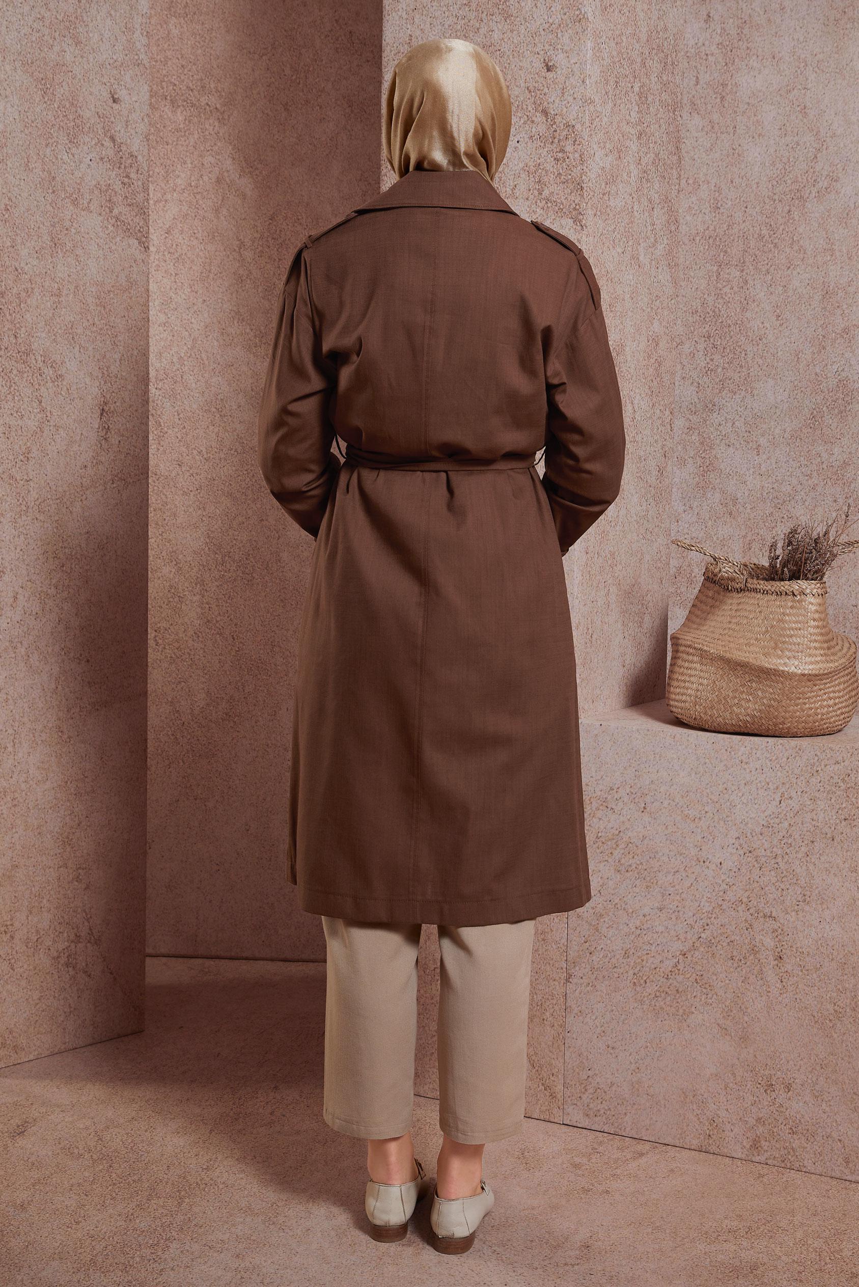Tesettür giyim KAHVE KUŞAKLI TRENÇKOT 10861