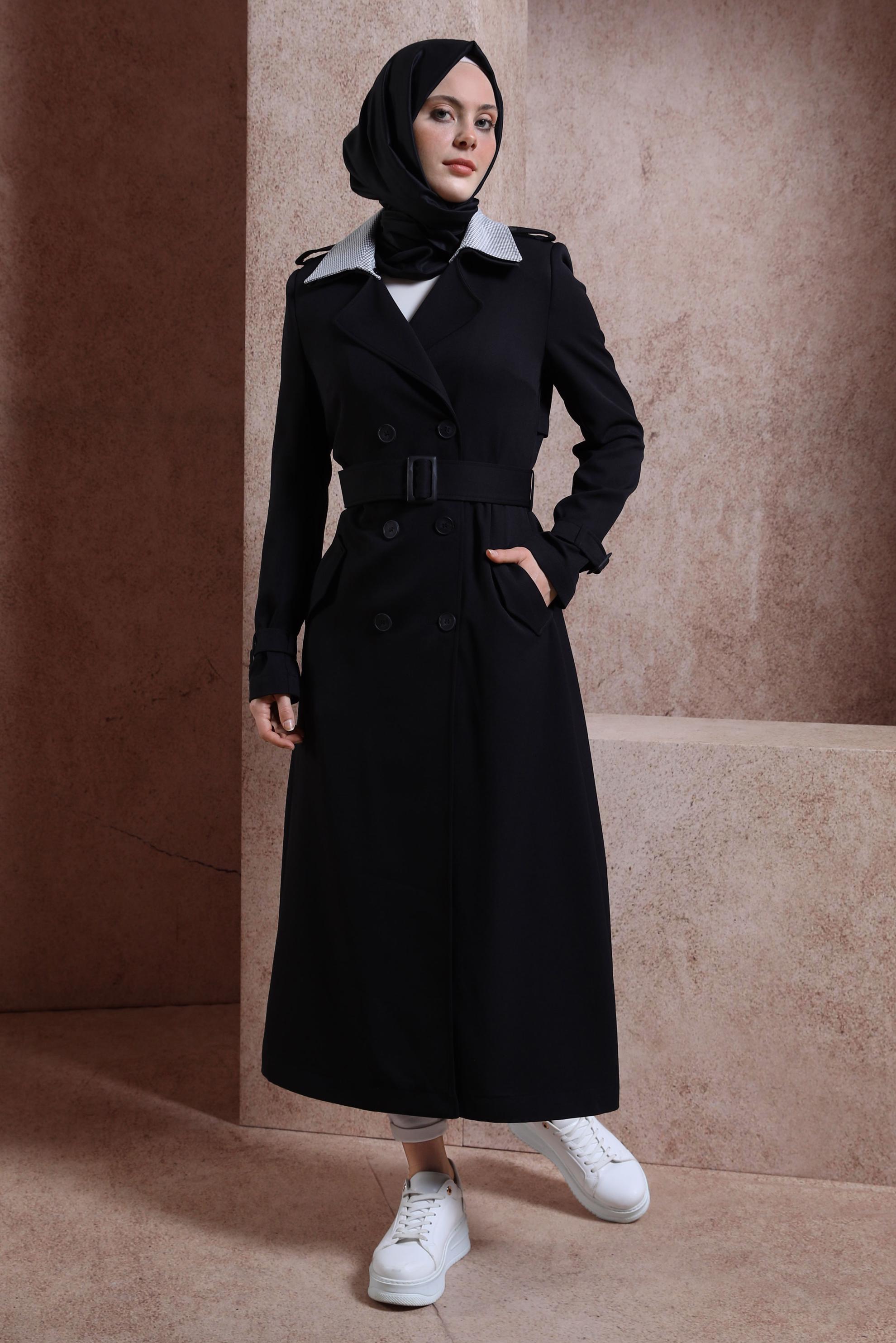 Tesettür giyim SİYAH KRUVAZE YAKA KEMERLİ TRENÇKOT 10862