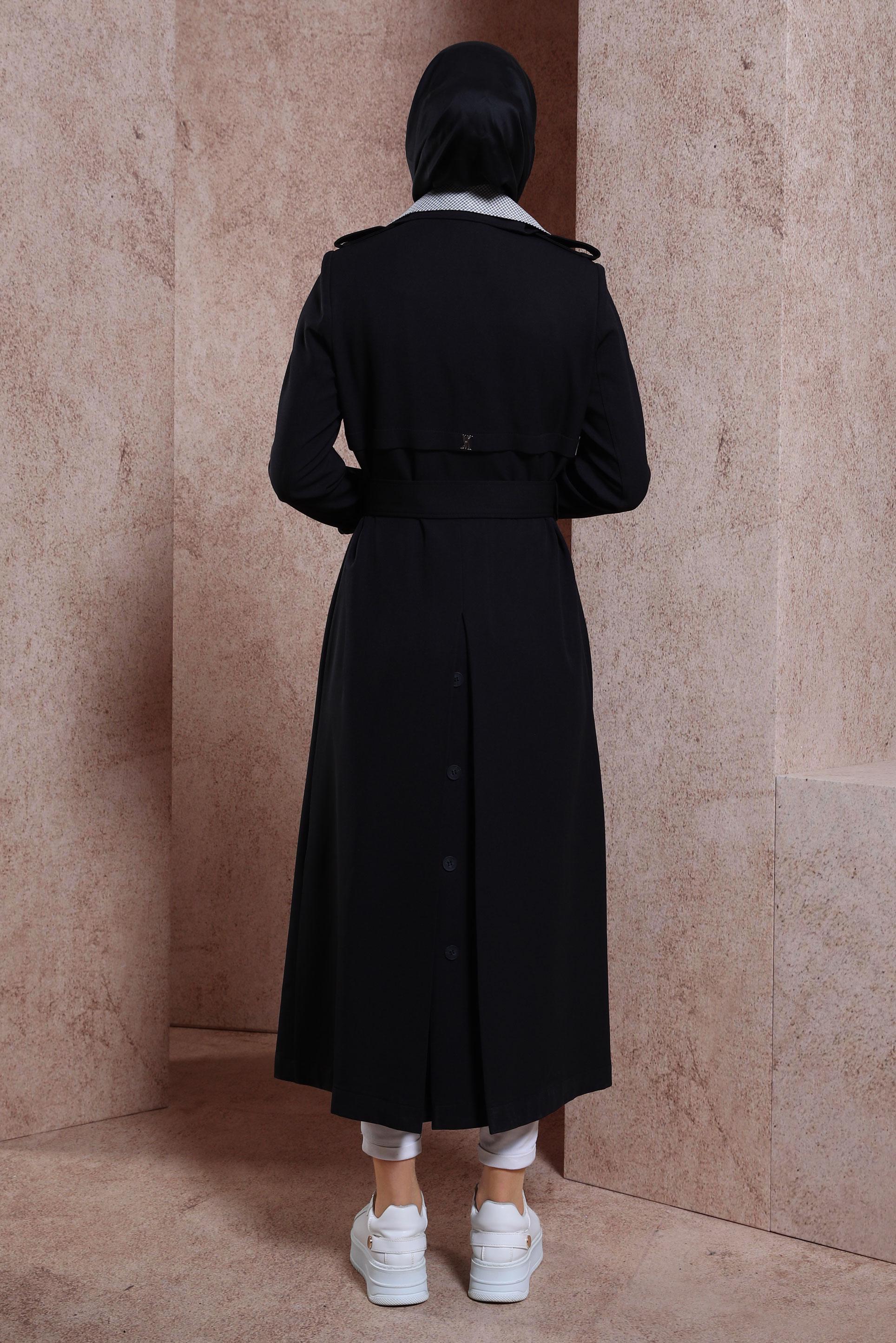 Tesettür giyim SİYAH KRUVAZE YAKA KEMERLİ TRENÇKOT 10862