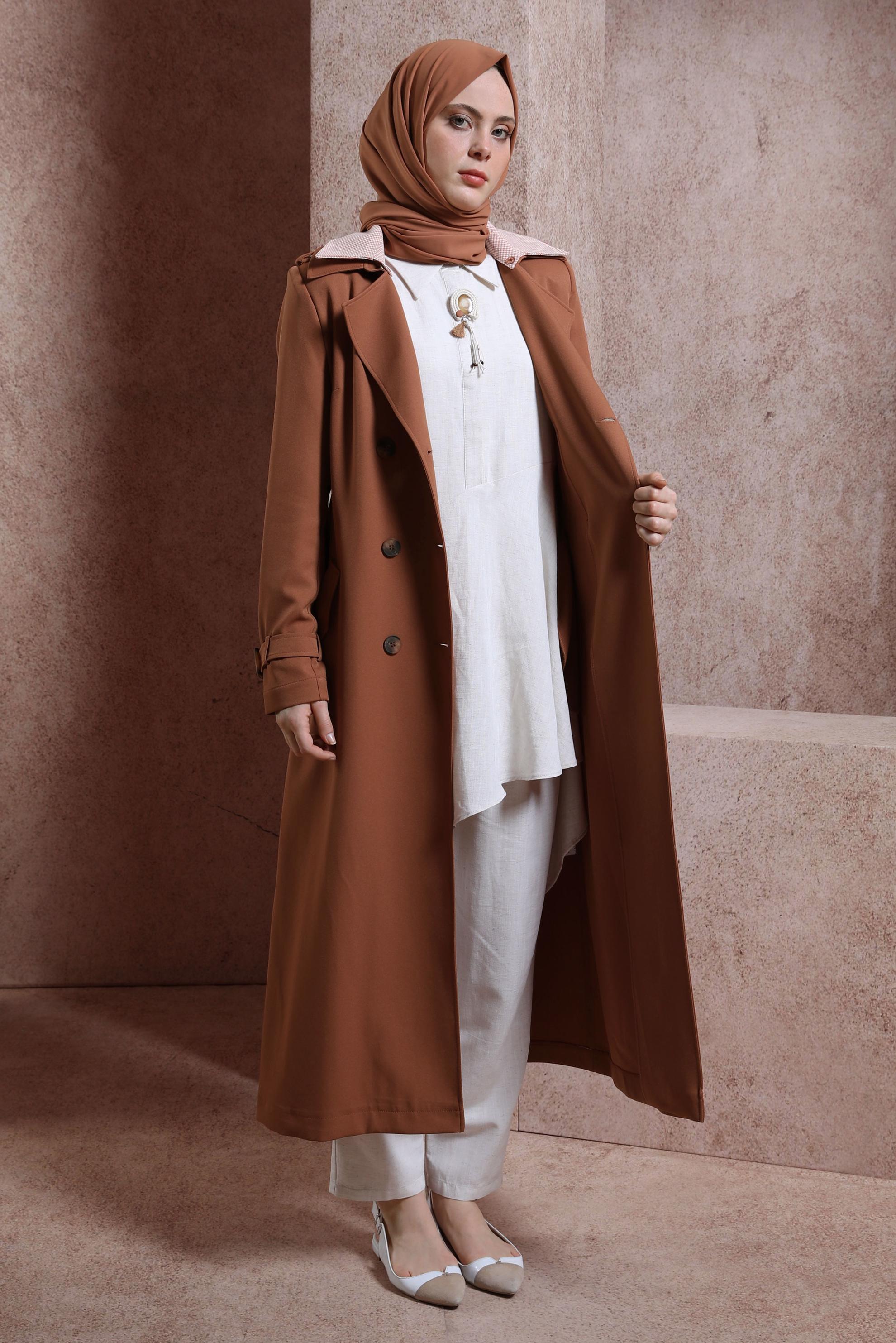 Tesettür giyim TABA KRUVAZE YAKA KEMERLİ TRENÇKOT 10862