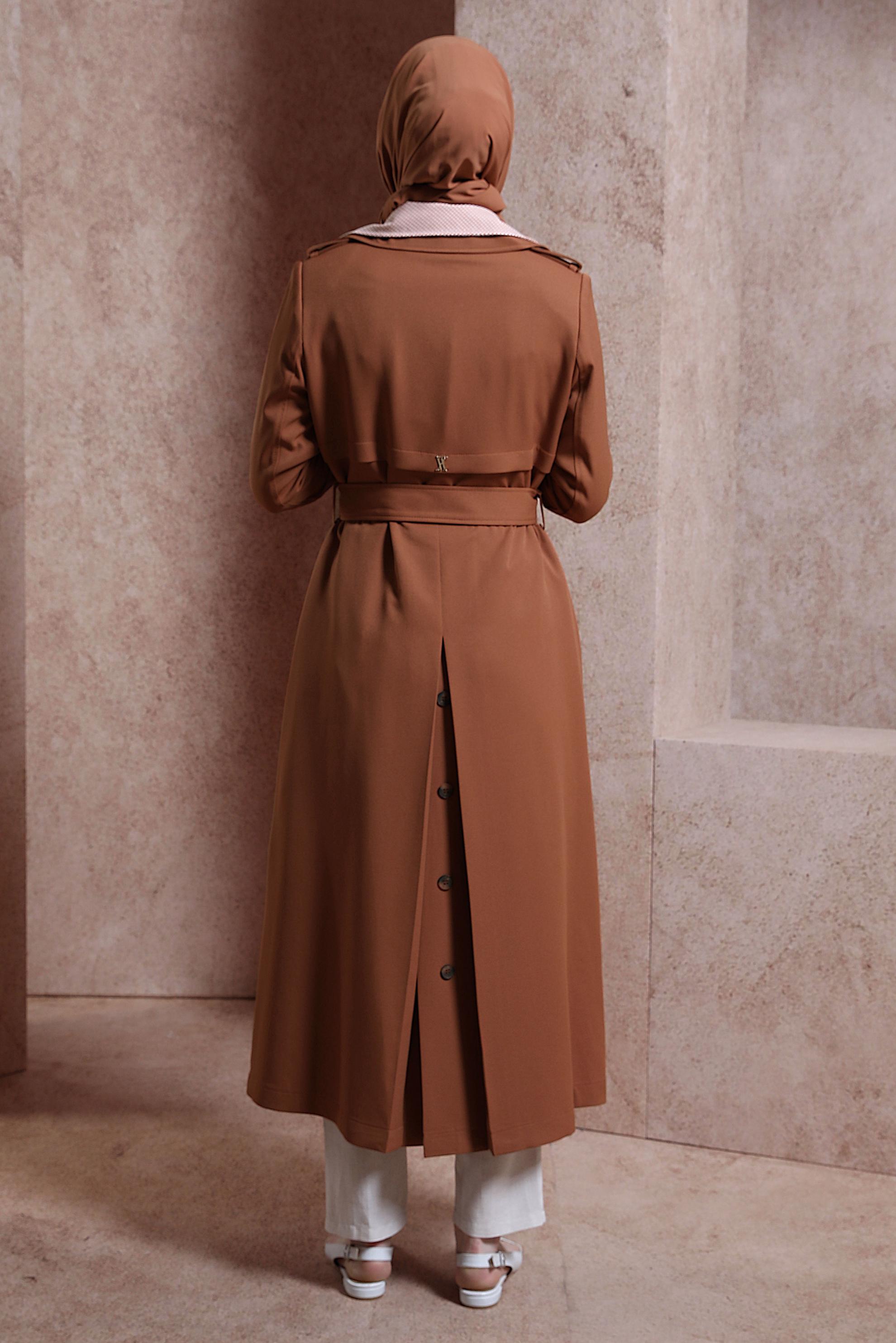 Tesettür giyim TABA KRUVAZE YAKA KEMERLİ TRENÇKOT 10862