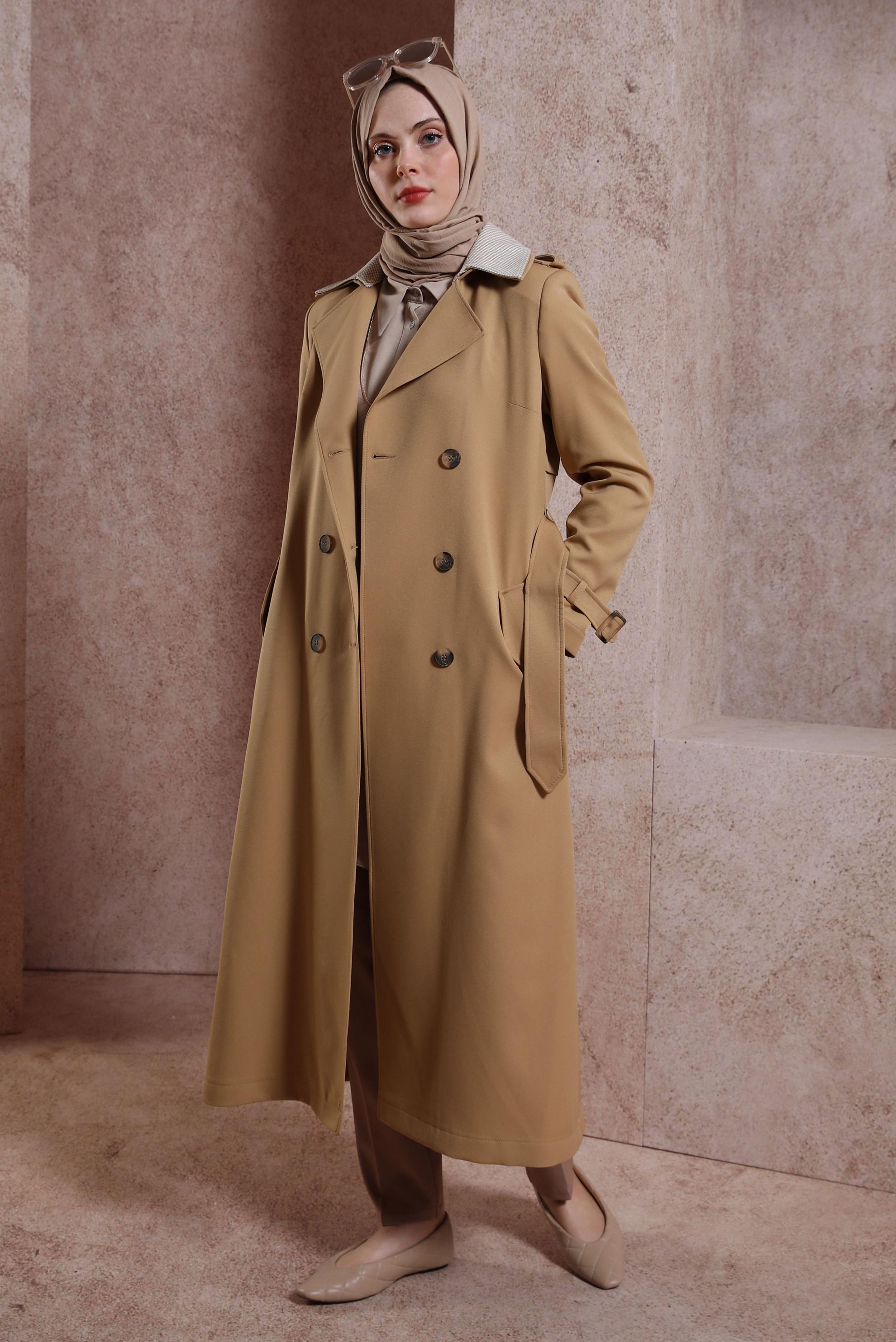 Tesettür giyim KAHVE KRUVAZE YAKA KEMERLİ TRENÇKOT 10862