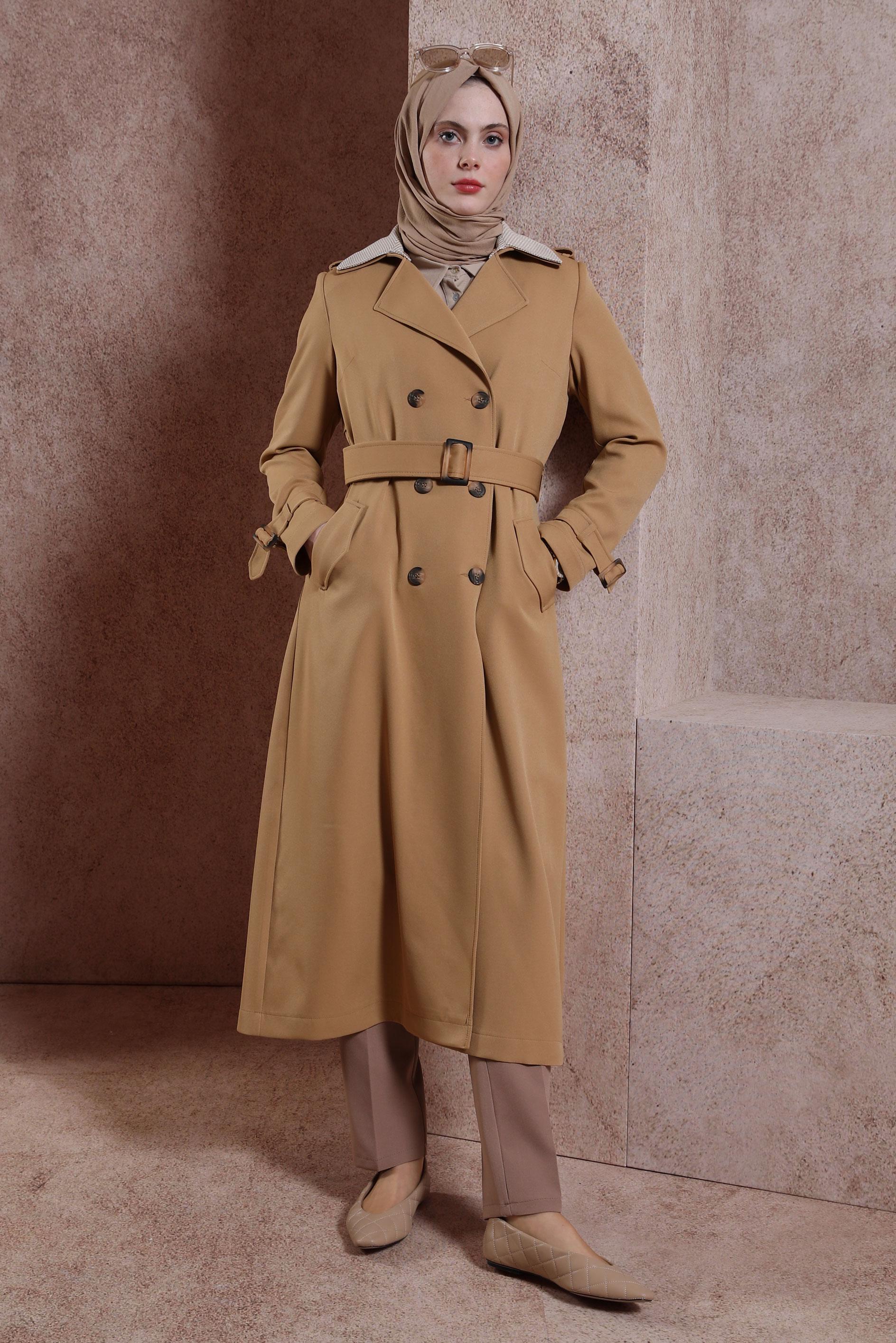 Tesettür giyim KAHVE KRUVAZE YAKA KEMERLİ TRENÇKOT 10862