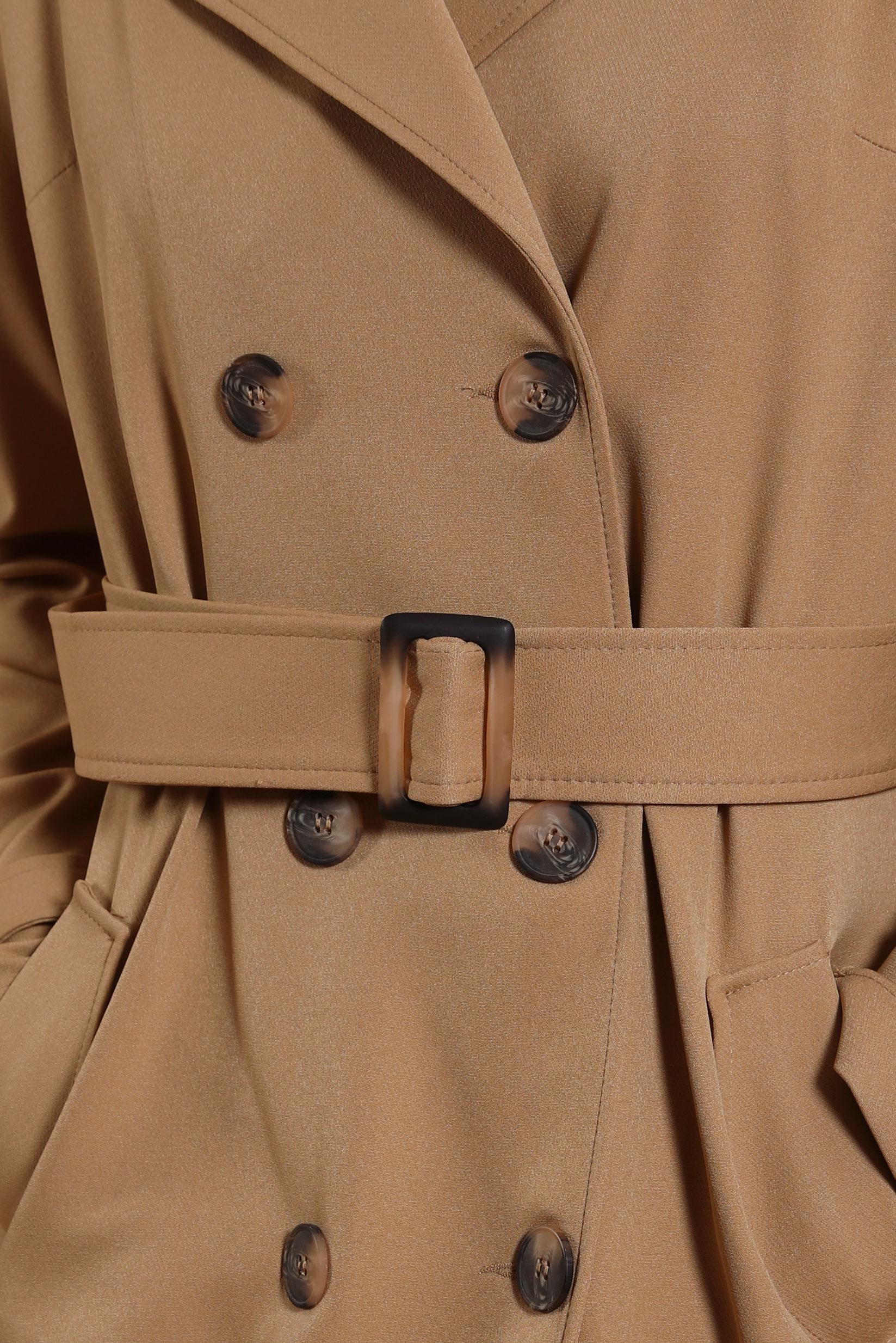 Tesettür giyim KAHVE KRUVAZE YAKA KEMERLİ TRENÇKOT 10862