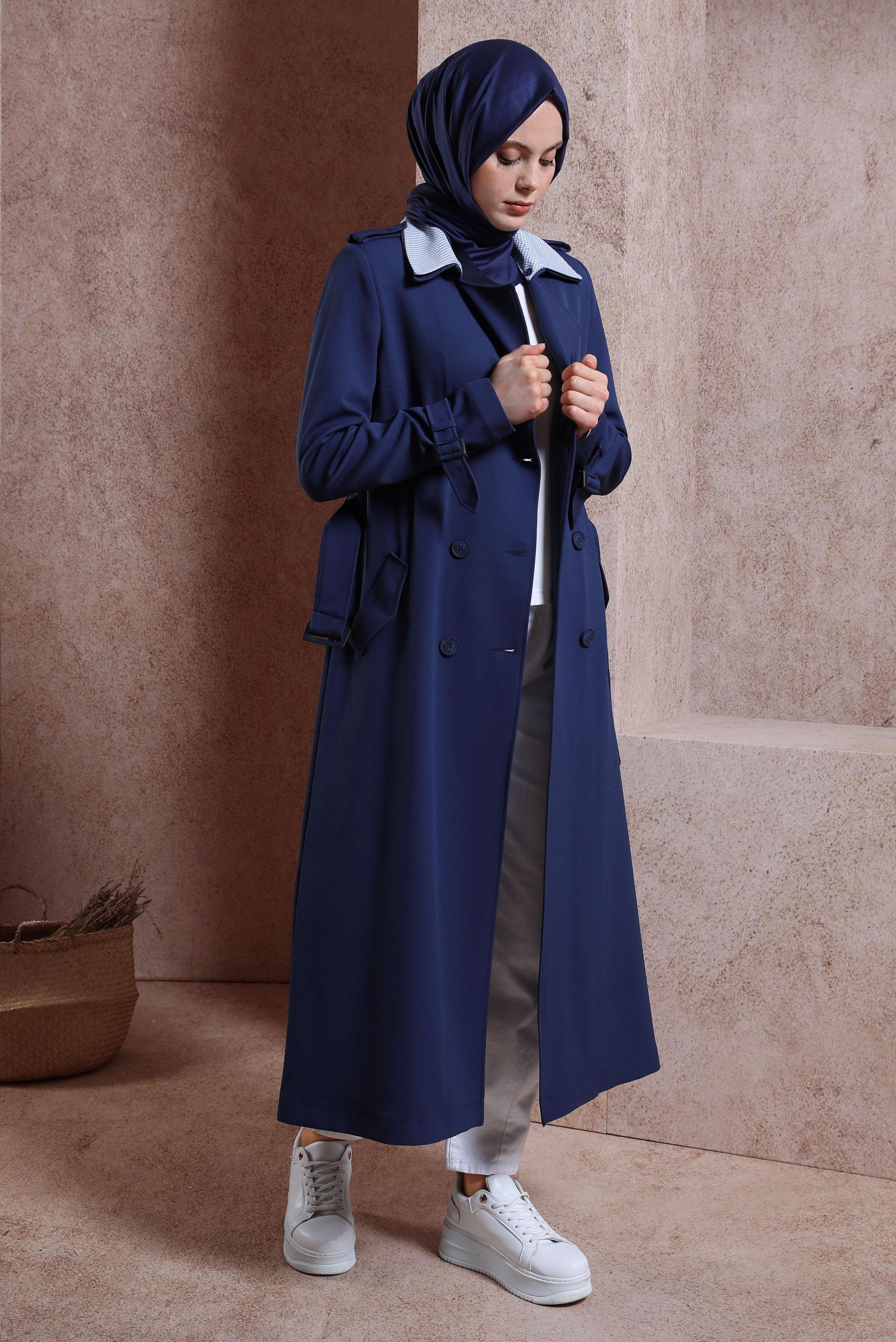 Tesettür giyim LACİVERT KRUVAZE YAKA KEMERLİ TRENÇKOT 10862