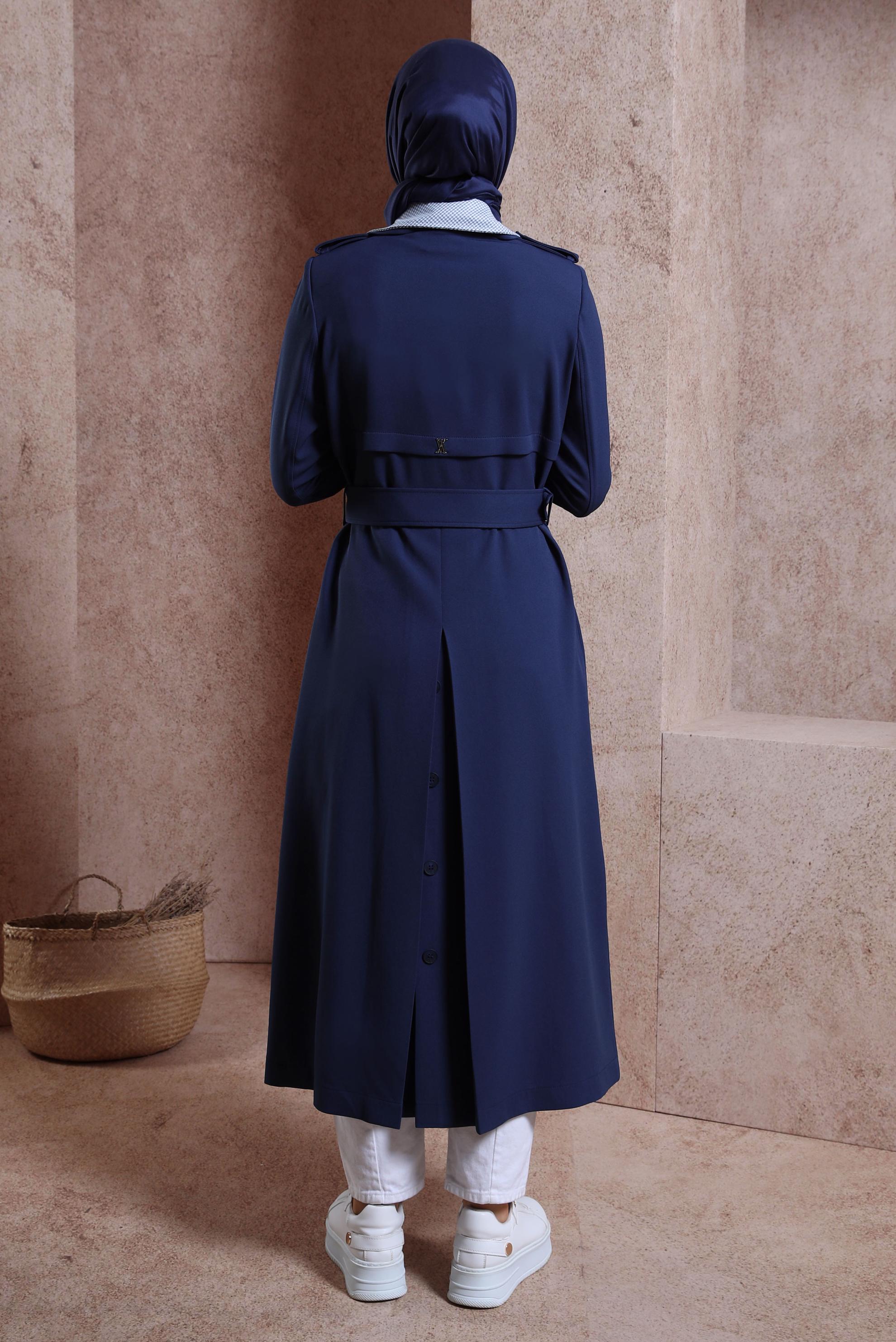 Tesettür giyim LACİVERT KRUVAZE YAKA KEMERLİ TRENÇKOT 10862