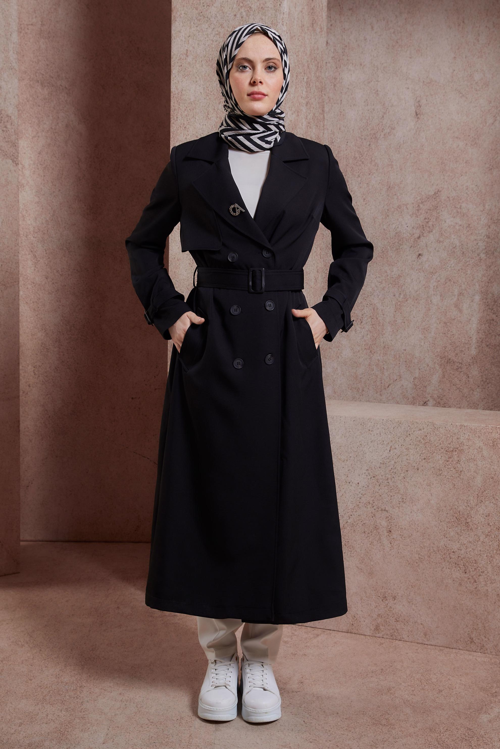 Tesettür giyim SİYAH KEMERLİ TRENÇKOT 10863