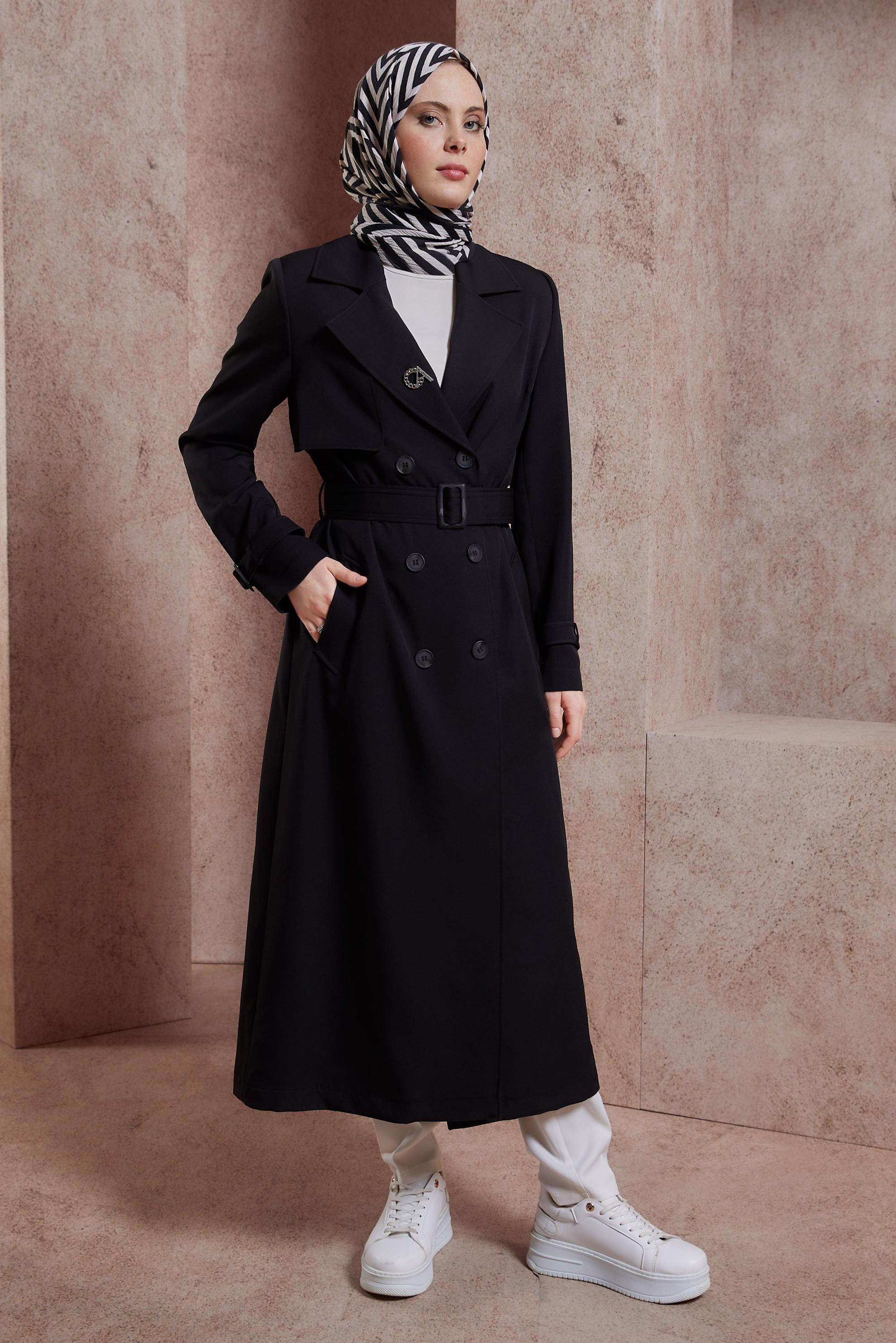 Tesettür giyim SİYAH KEMERLİ TRENÇKOT 10863