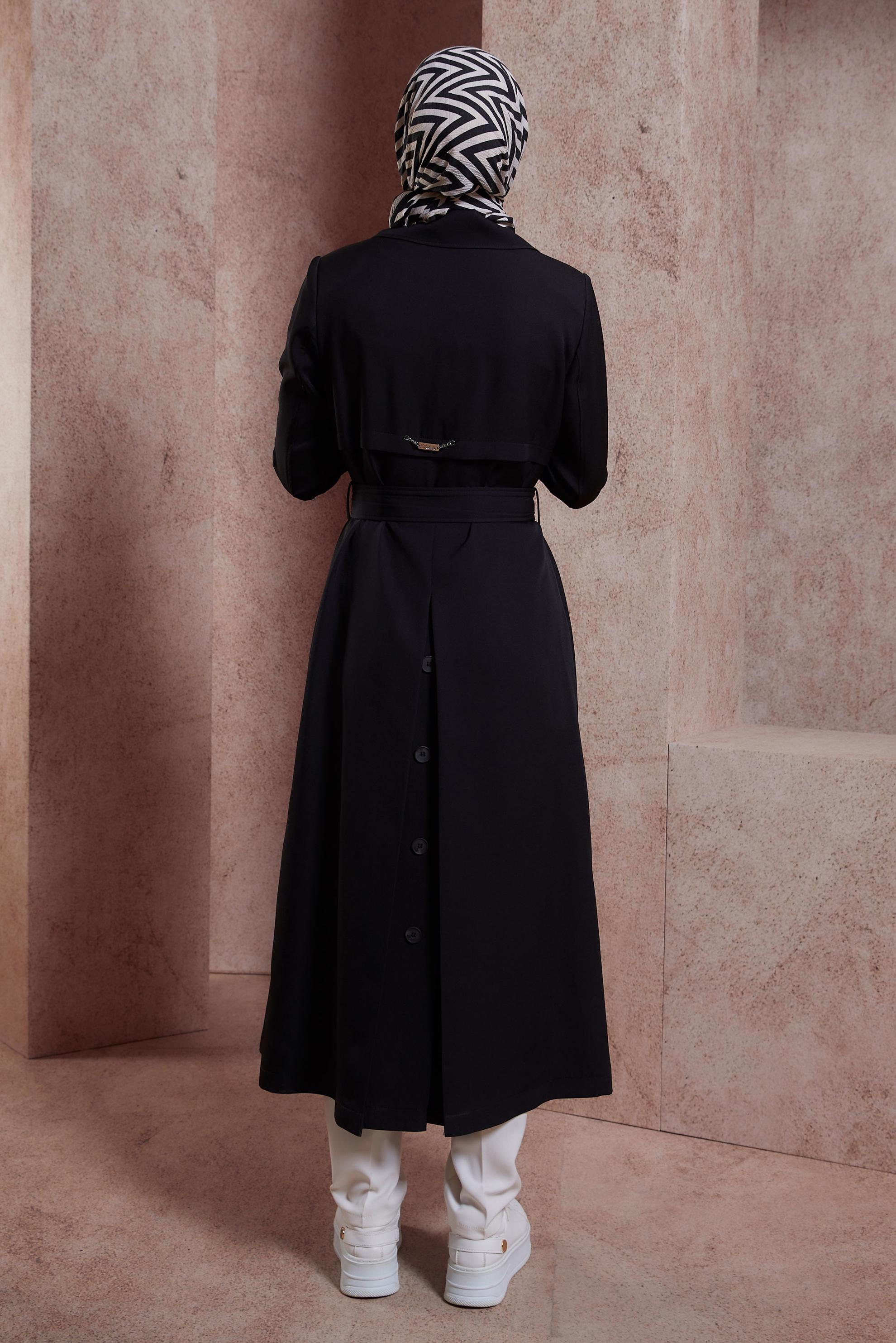 Tesettür giyim SİYAH KEMERLİ TRENÇKOT 10863