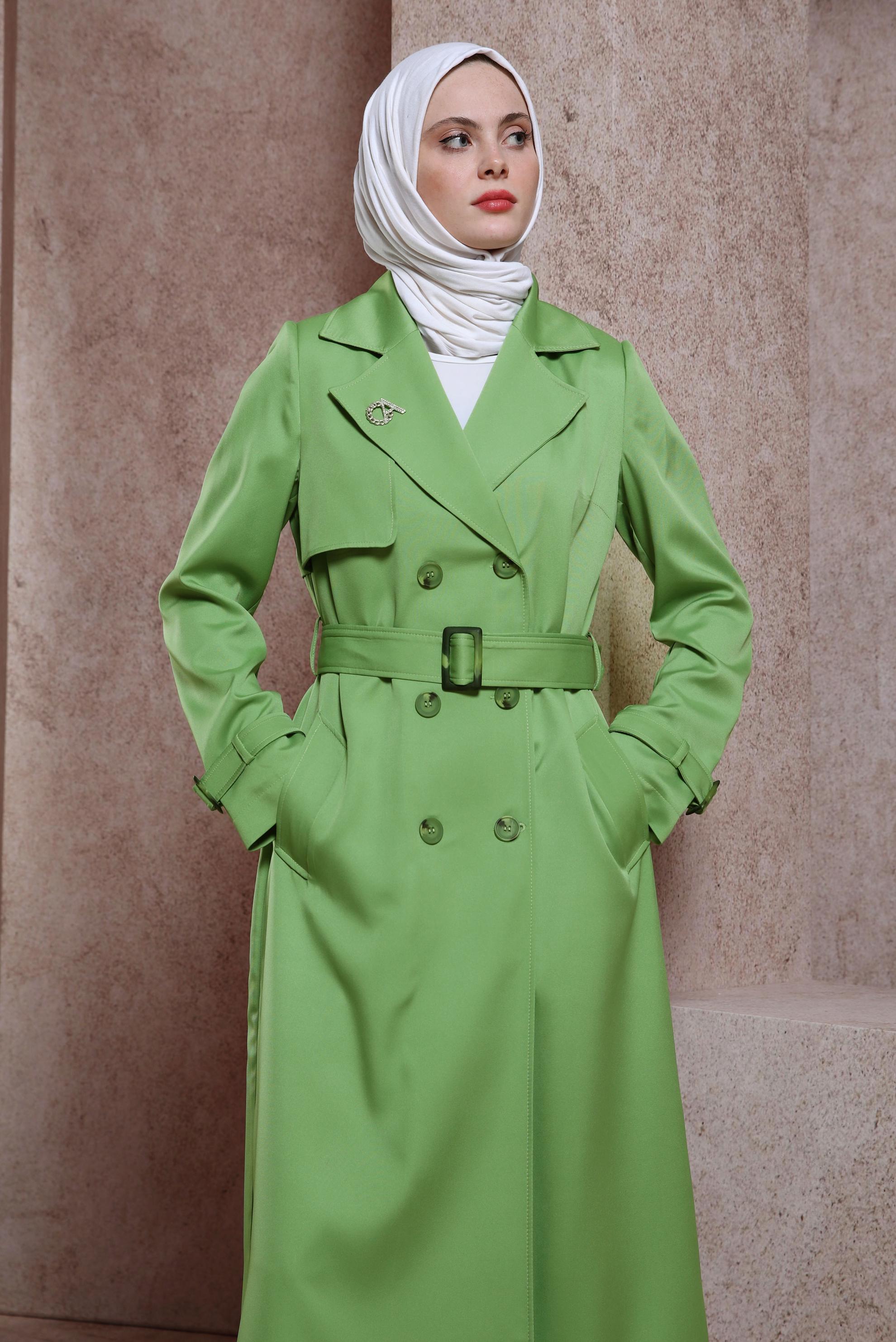Tesettür giyim YEŞİL KEMERLİ TRENÇKOT 10863