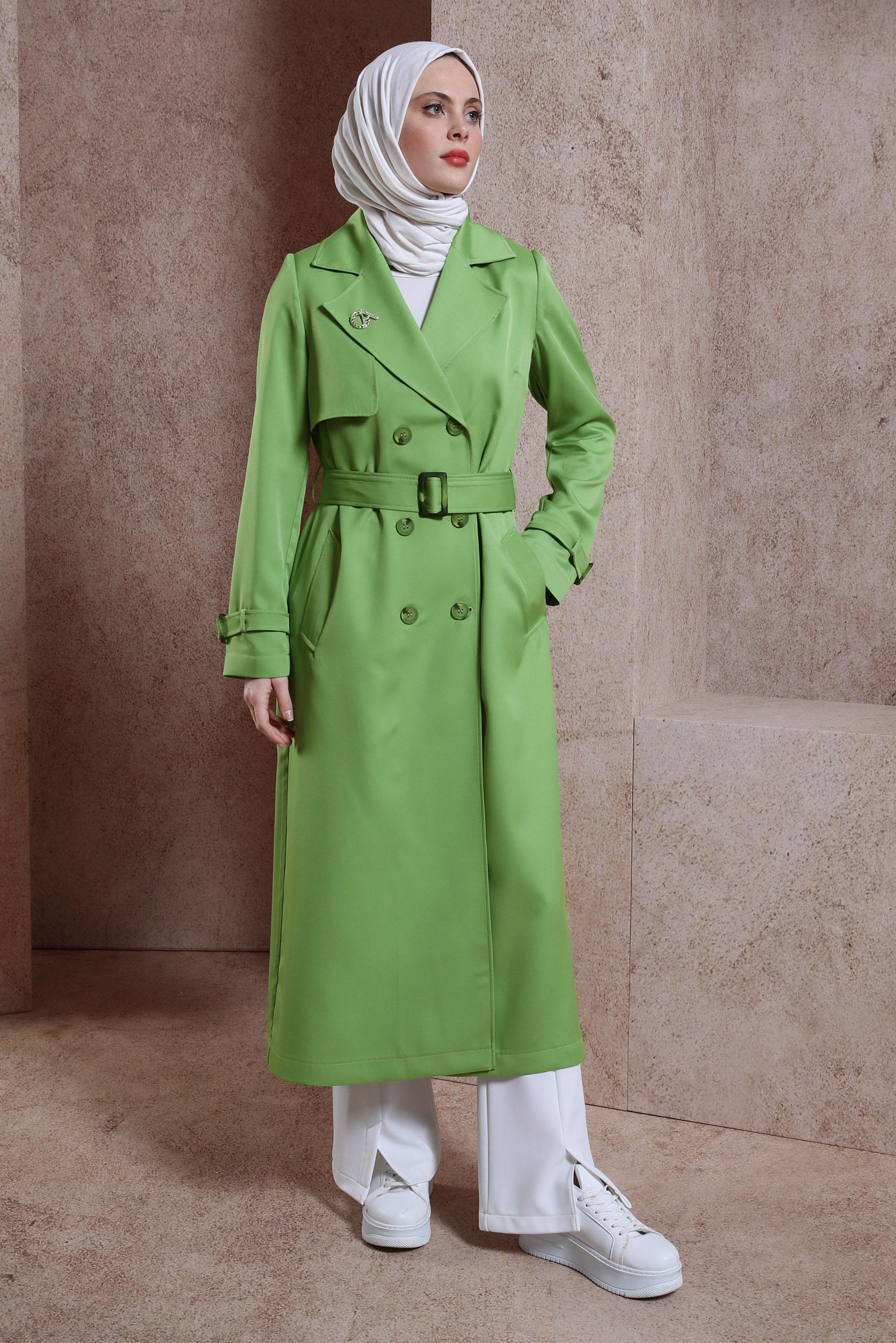 Tesettür giyim YEŞİL KEMERLİ TRENÇKOT 10863