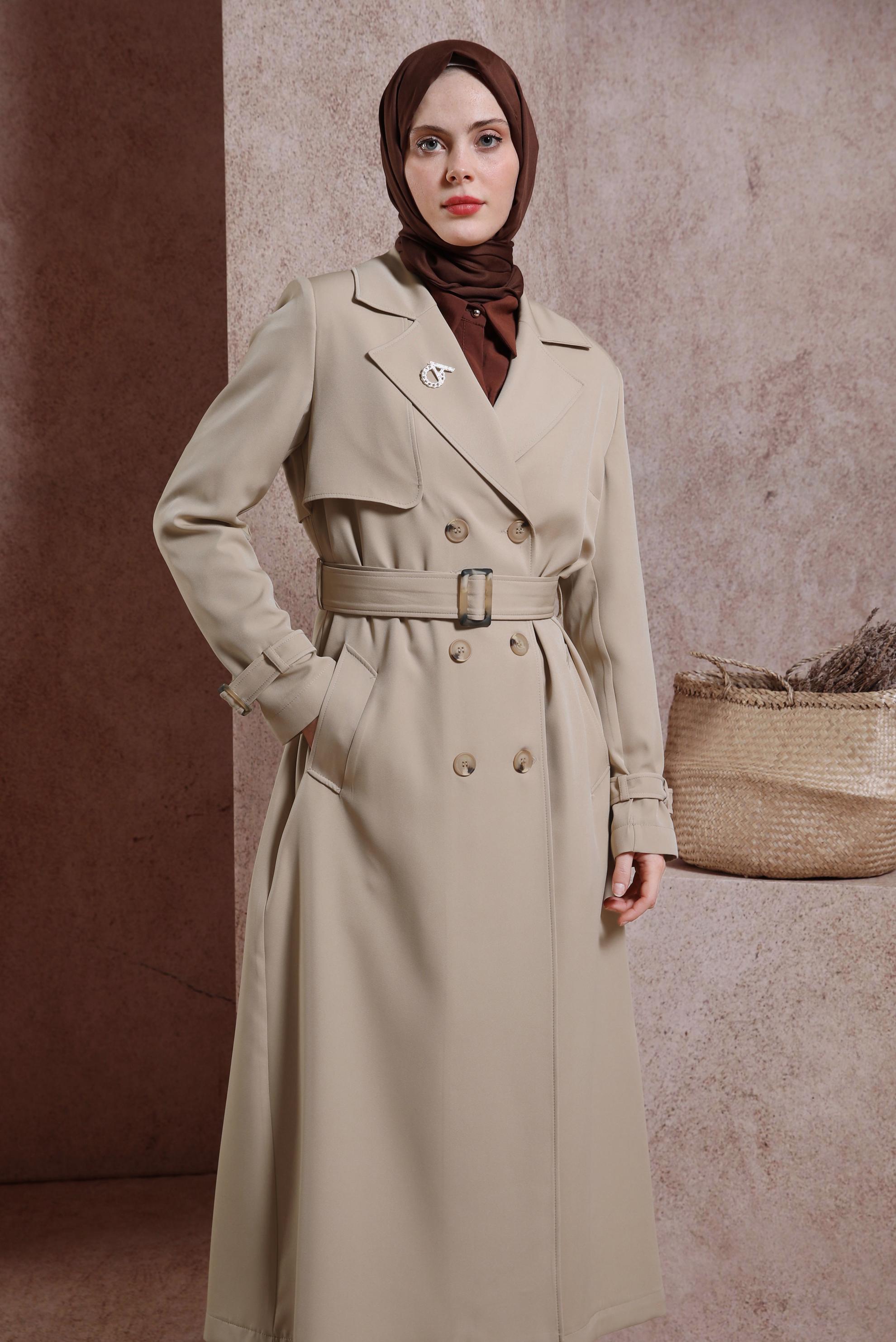 Tesettür giyim BEJ KEMERLİ TRENÇKOT 10863