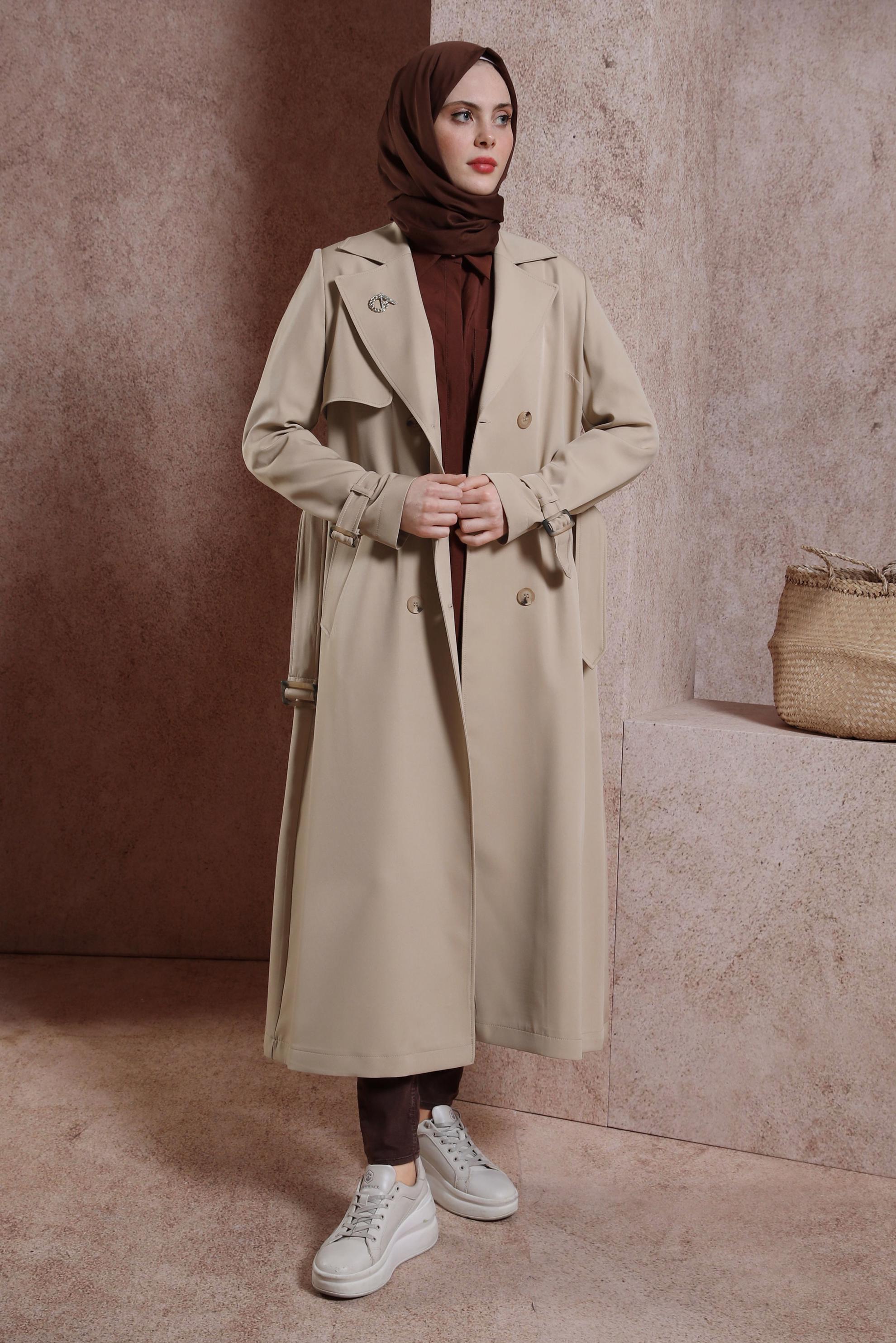 Tesettür giyim BEJ KEMERLİ TRENÇKOT 10863