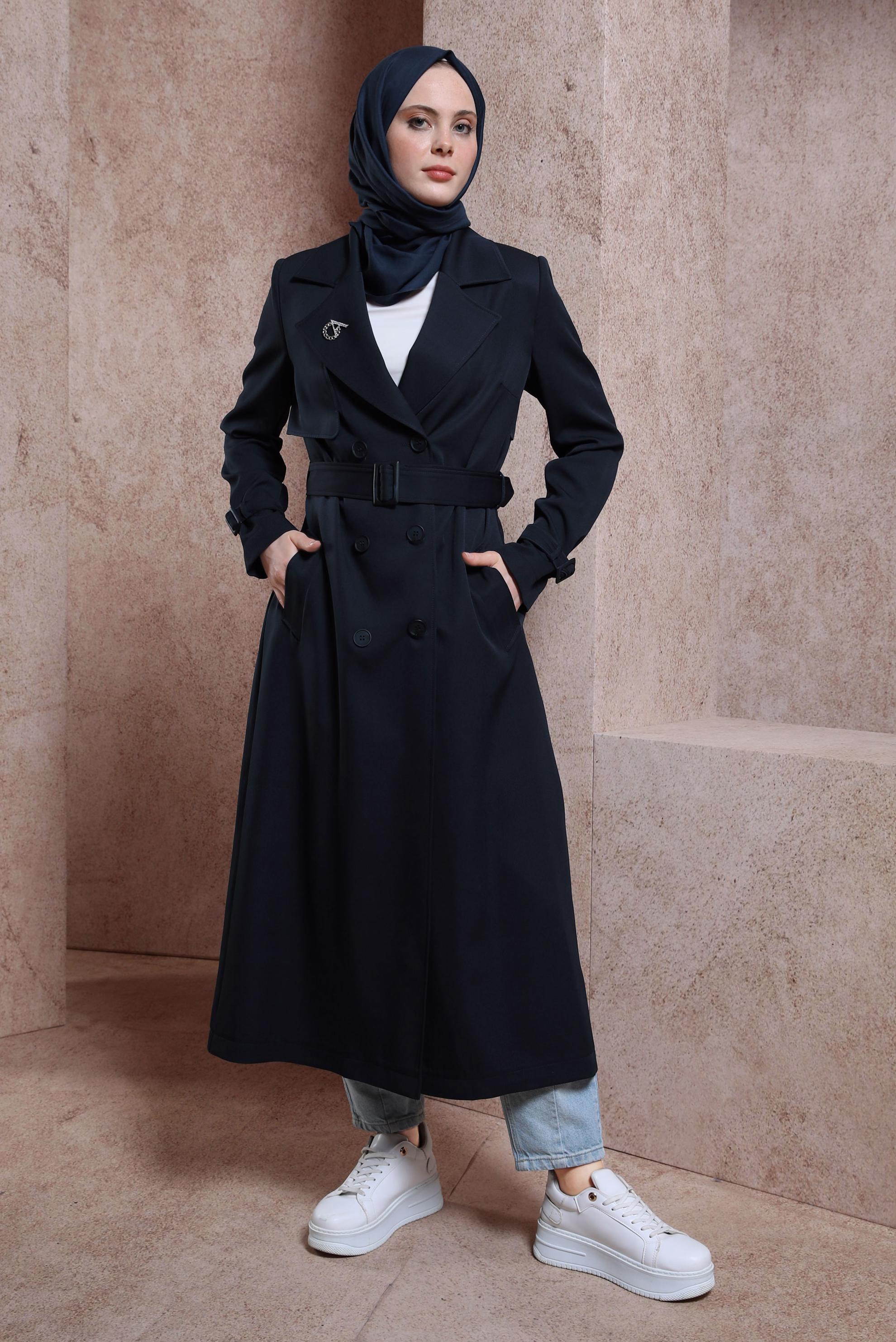 Tesettür giyim LACİVERT KEMERLİ TRENÇKOT 10863