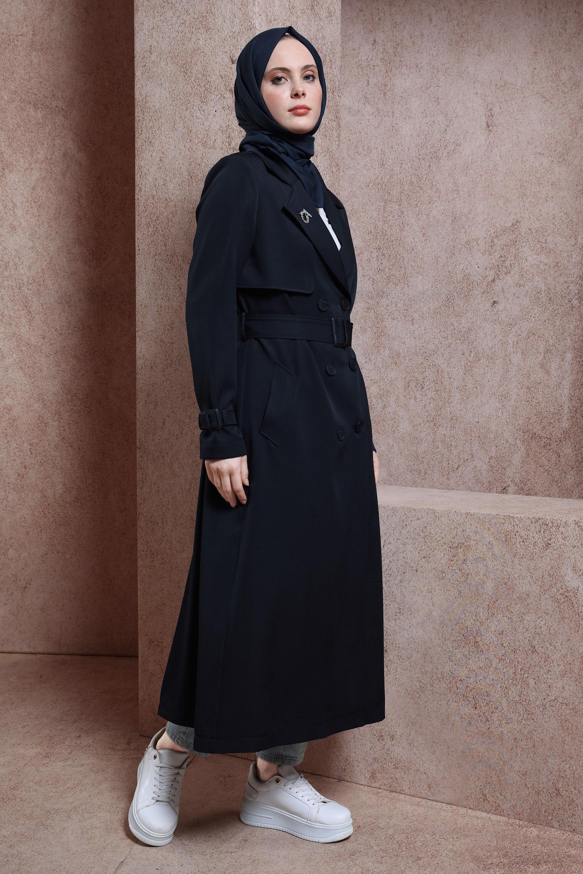 Tesettür giyim LACİVERT KEMERLİ TRENÇKOT 10863