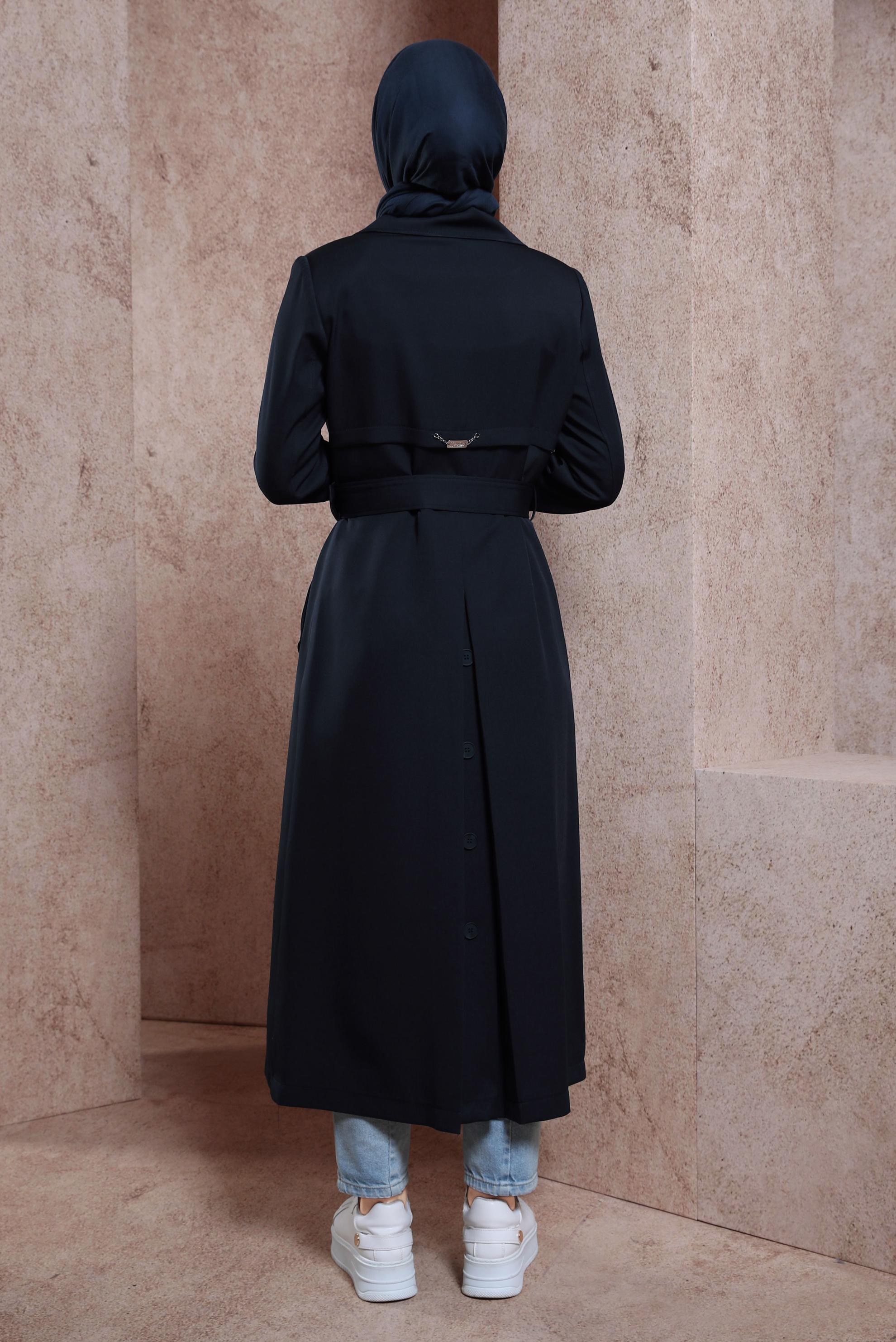 Tesettür giyim LACİVERT KEMERLİ TRENÇKOT 10863