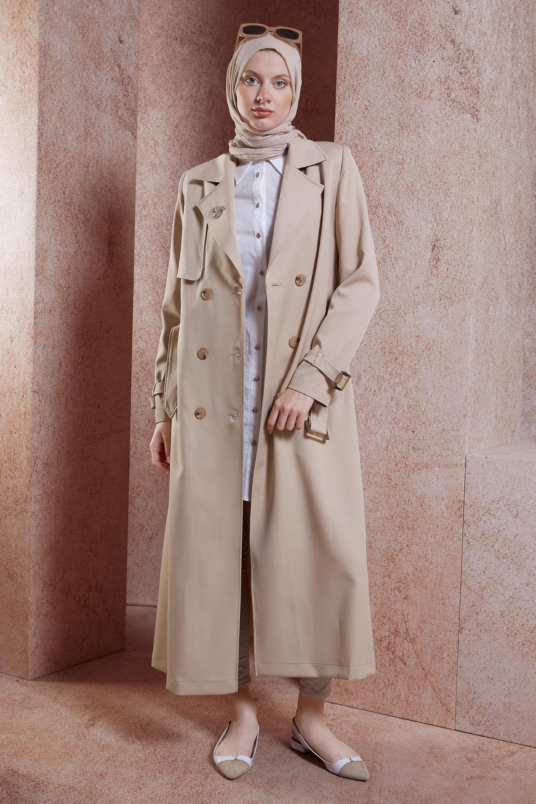 Tesettür giyim KAHVE KEMERLİ TRENÇKOT 10863