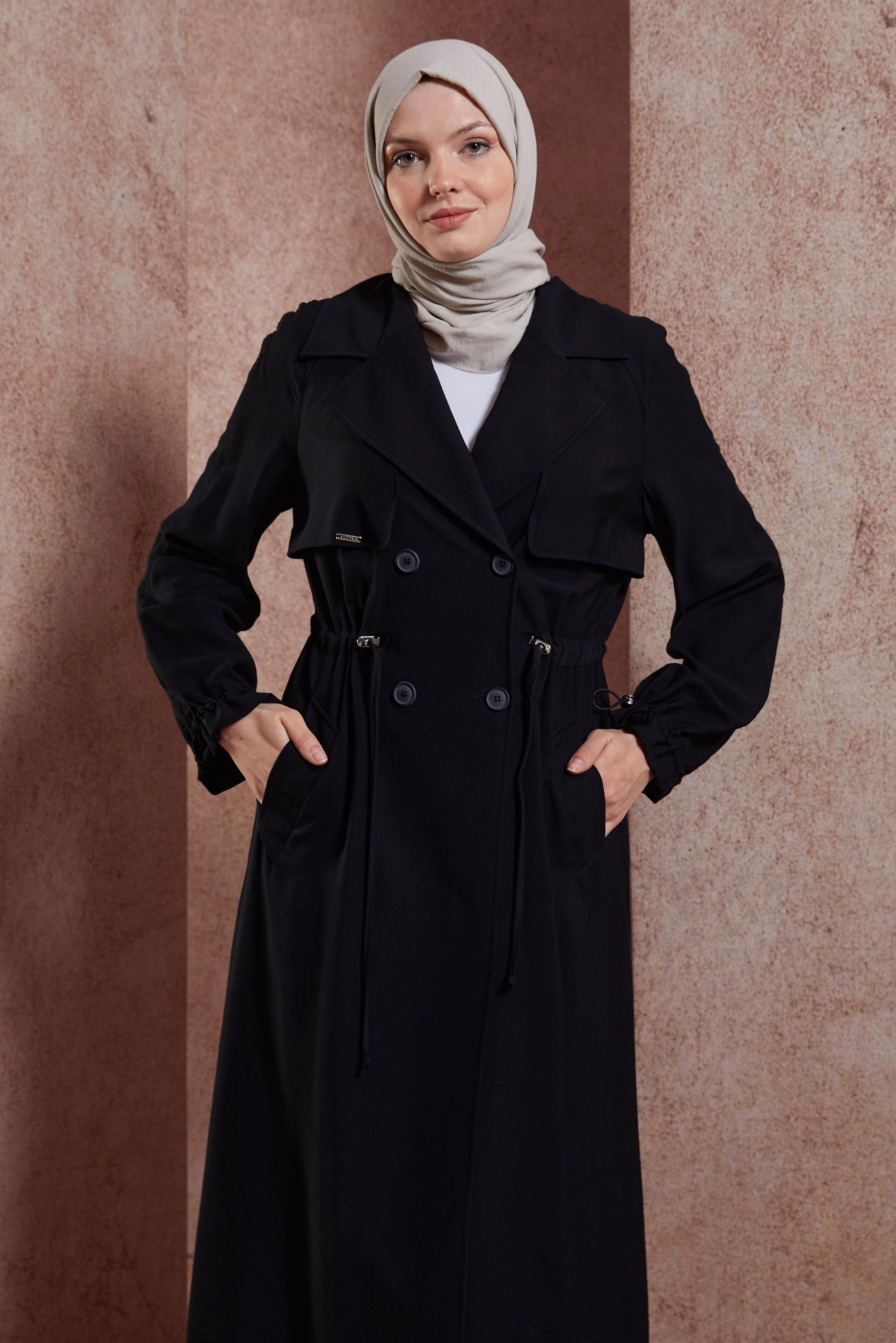 Tesettür giyim SİYAH BELDEN BÜZGÜLÜ TRENÇKOT 10864