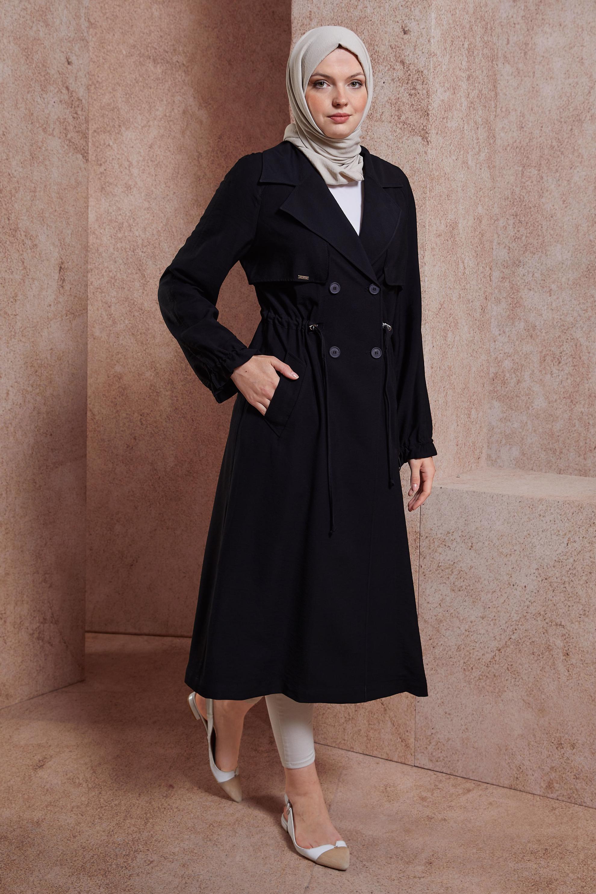 Tesettür giyim SİYAH BELDEN BÜZGÜLÜ TRENÇKOT 10864