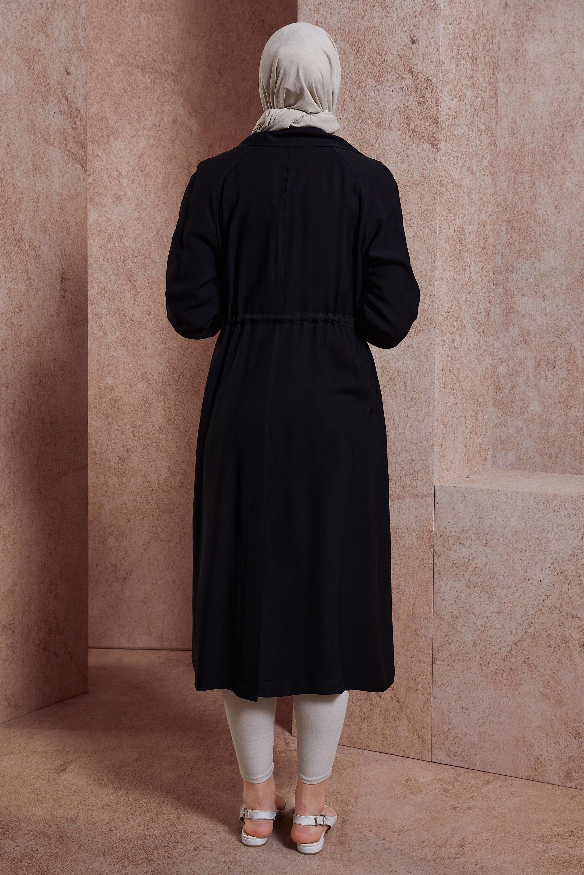 Tesettür giyim SİYAH BELDEN BÜZGÜLÜ TRENÇKOT 10864