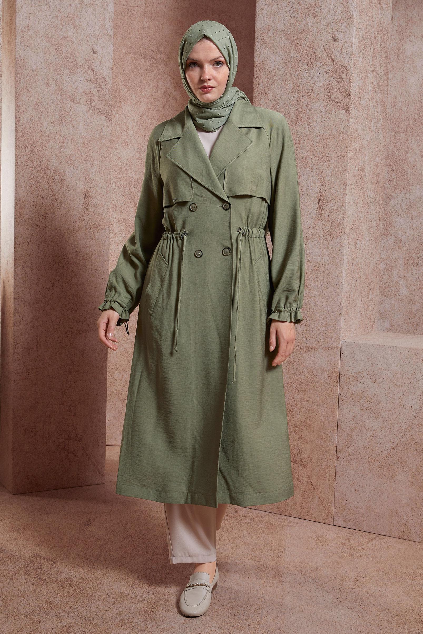 Tesettür giyim HAKİ BELDEN BÜZGÜLÜ TRENÇKOT 10864