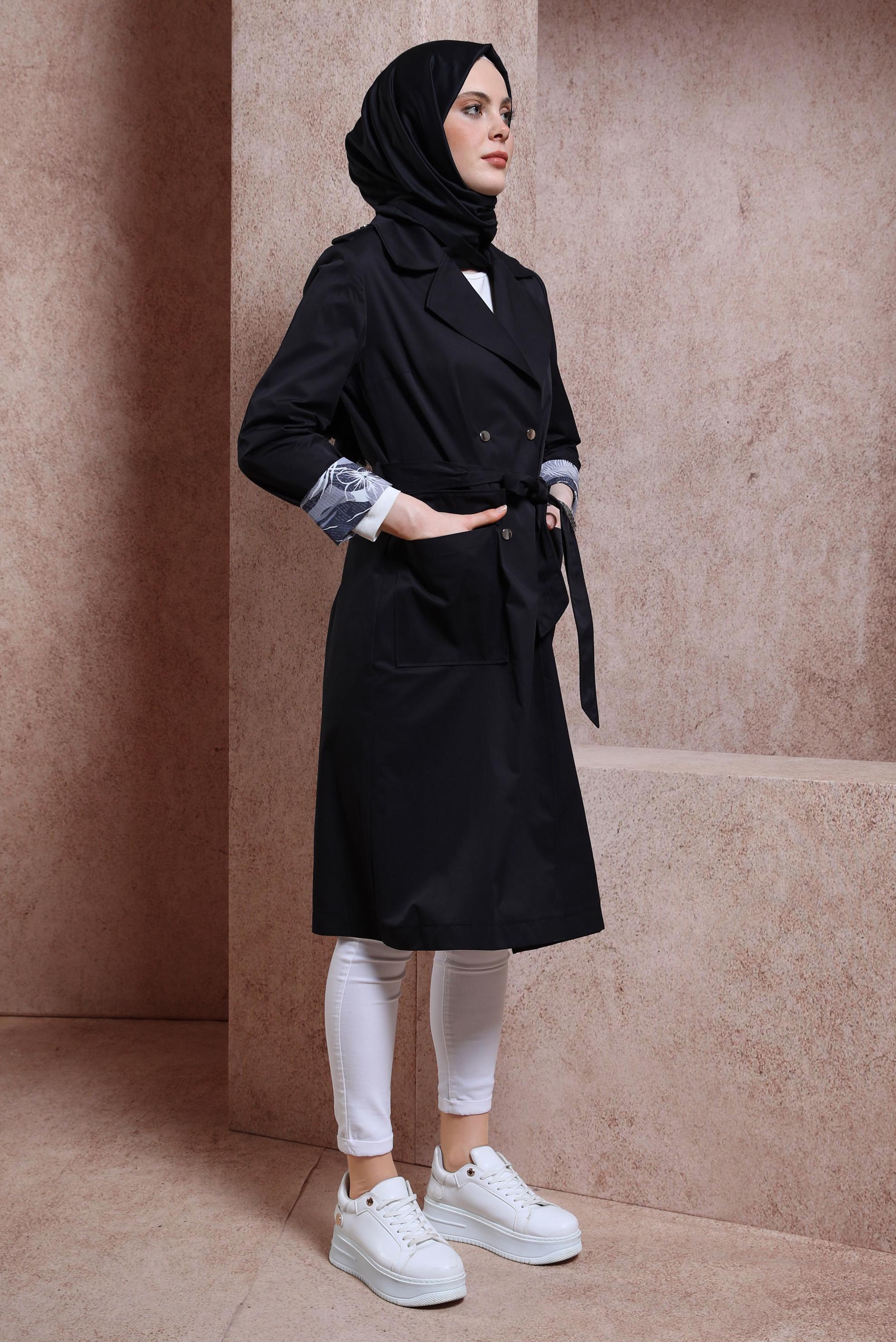 Tesettür giyim SİYAH KUŞAKLI TRENÇKOT 10865