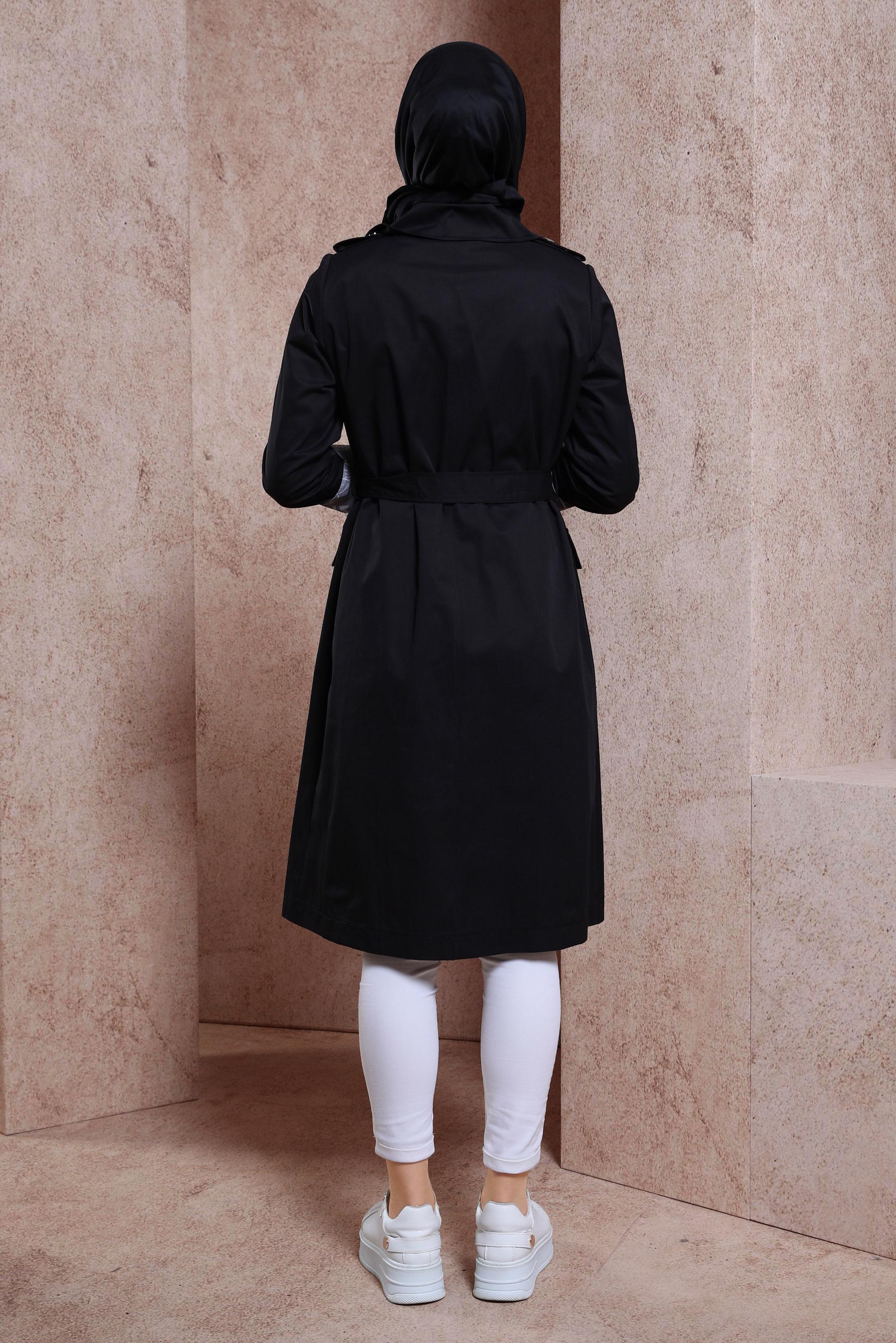 Tesettür giyim SİYAH KUŞAKLI TRENÇKOT 10865