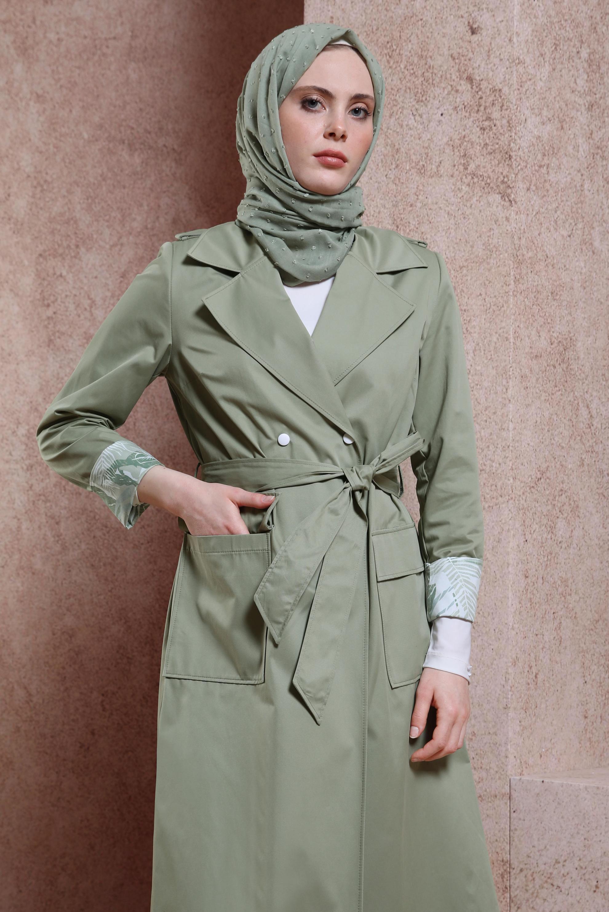 Tesettür giyim HAKİ KUŞAKLI TRENÇKOT 10865