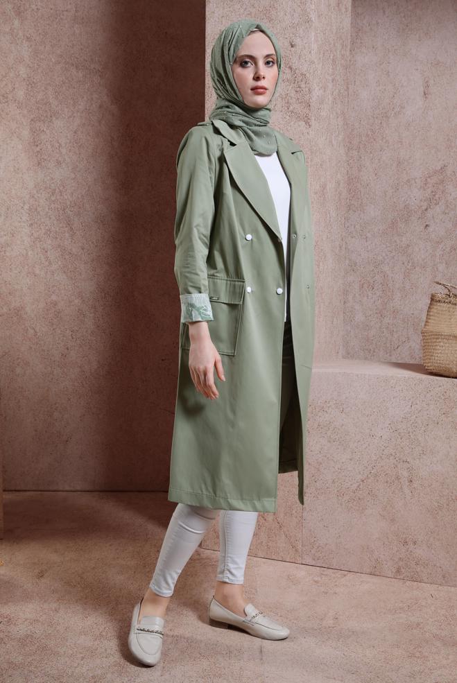 Tesettür giyim HAKİ KUŞAKLI TRENÇKOT 10865 - ALVİNA
