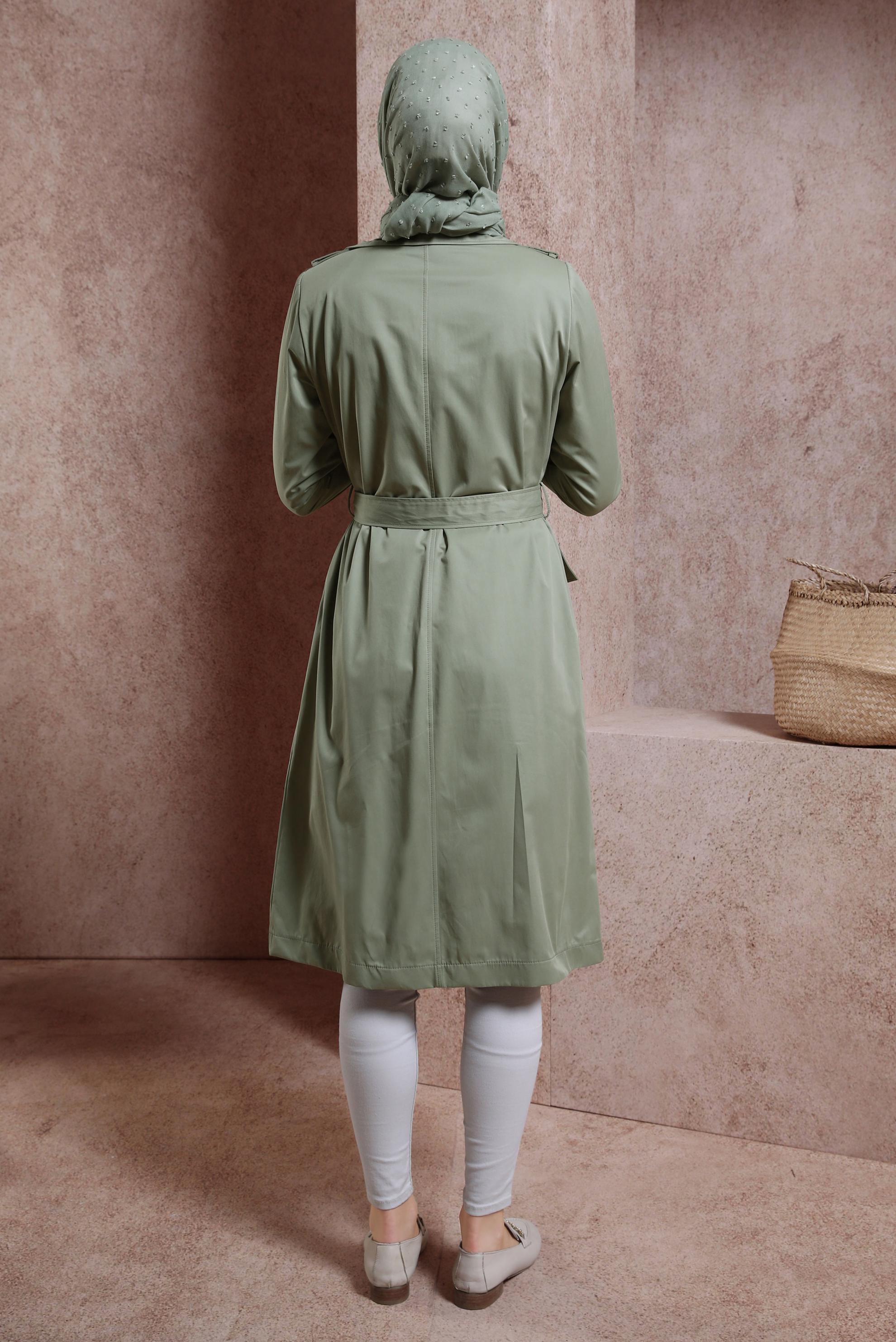 Tesettür giyim HAKİ KUŞAKLI TRENÇKOT 10865