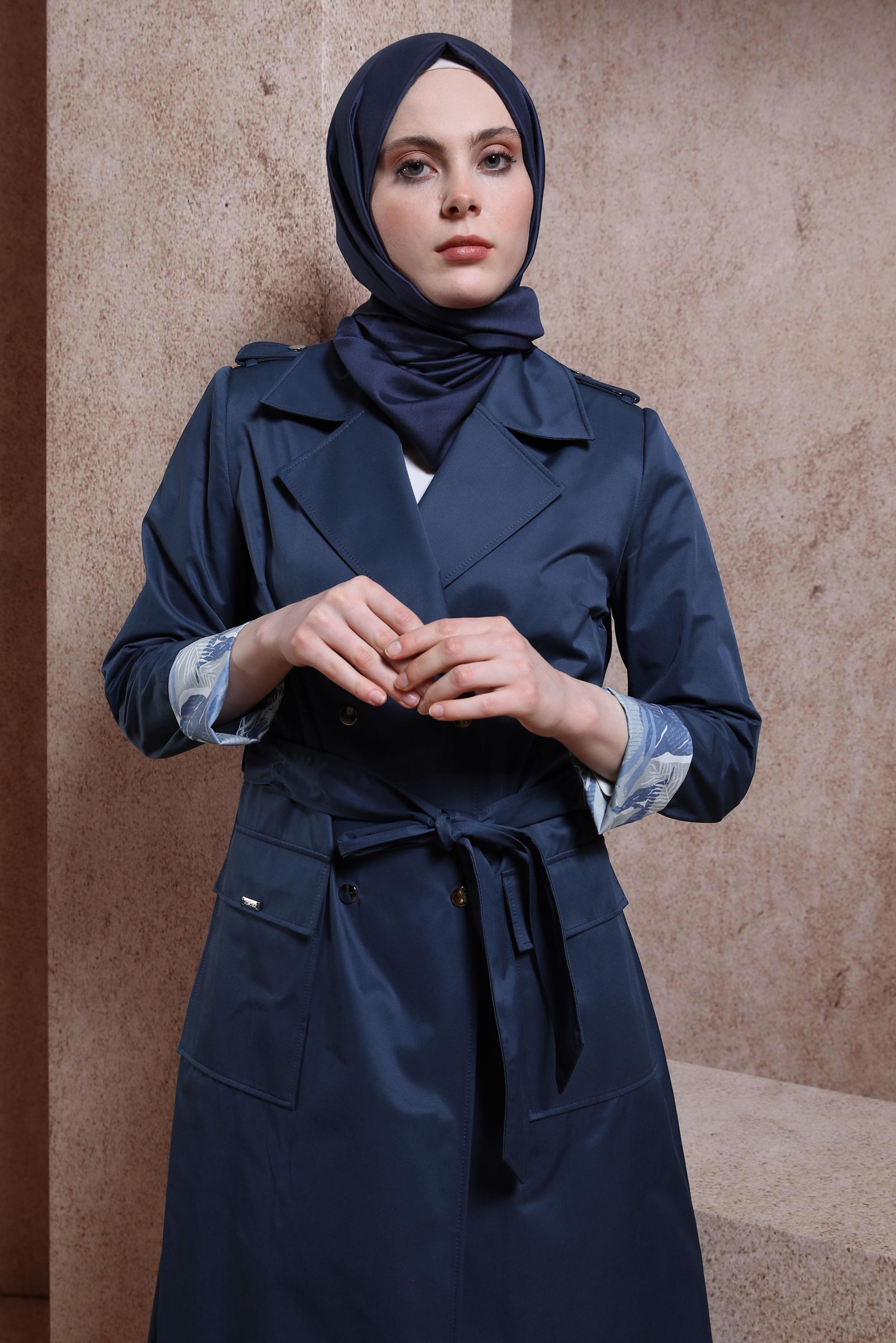 Tesettür giyim LACİVERT KUŞAKLI TRENÇKOT 10865