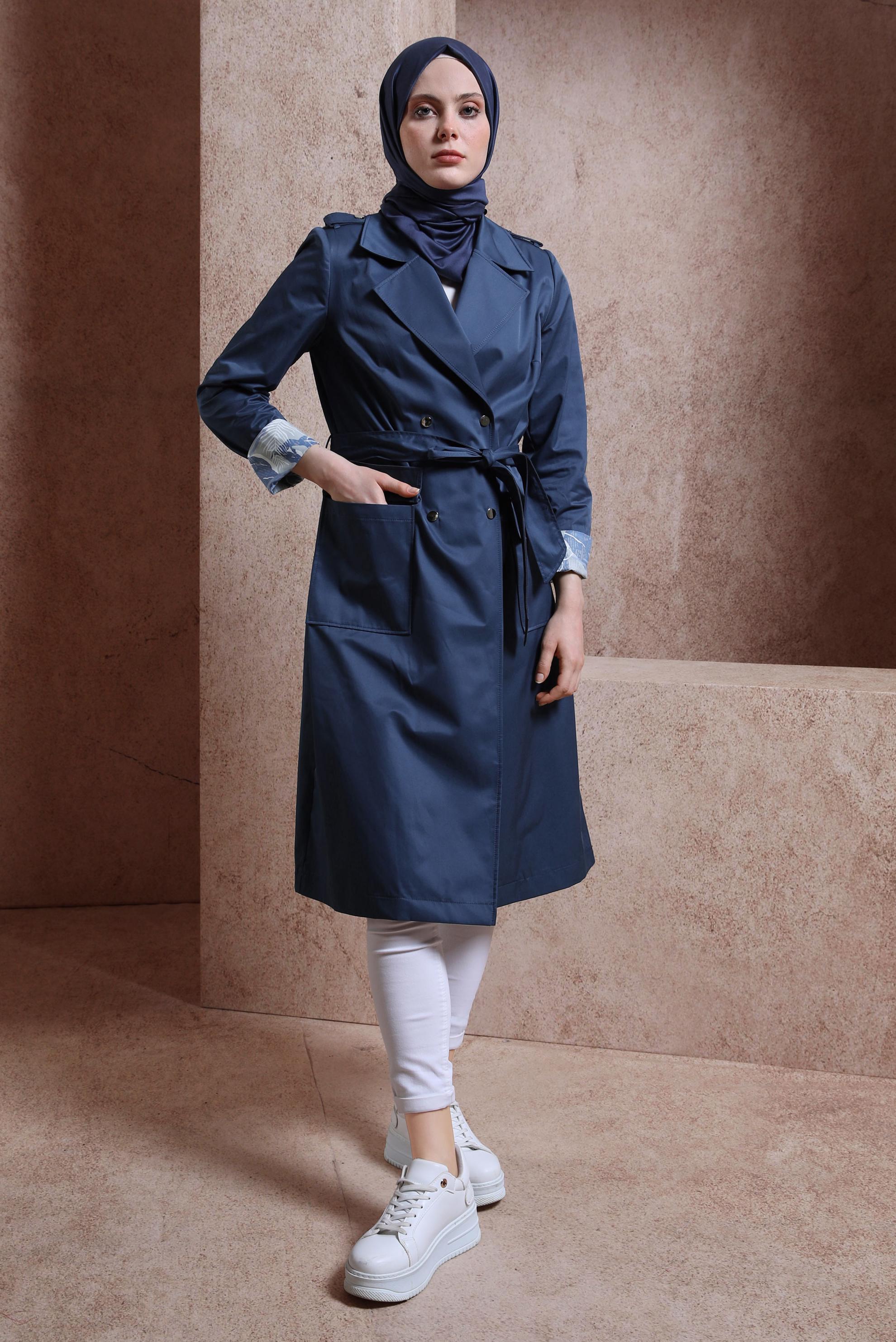 Tesettür giyim LACİVERT KUŞAKLI TRENÇKOT 10865